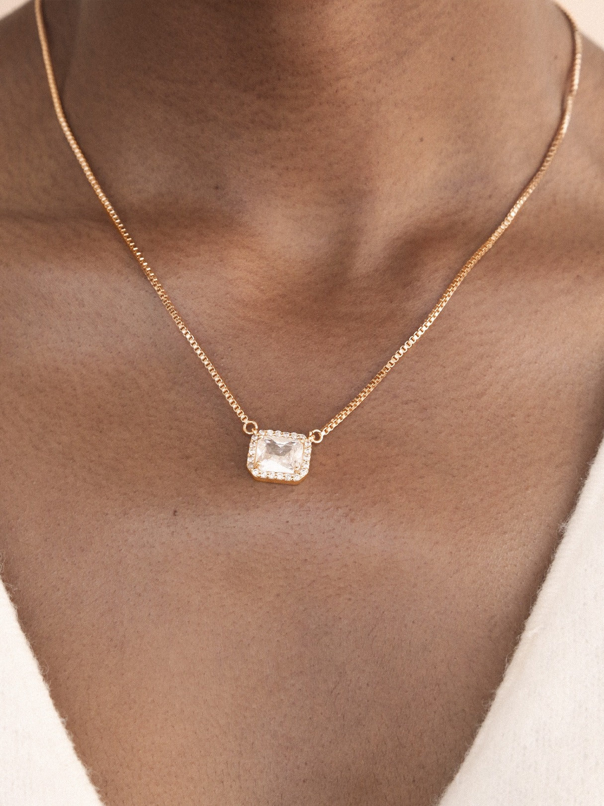 New Day Crystal Pendant Necklace on model 4