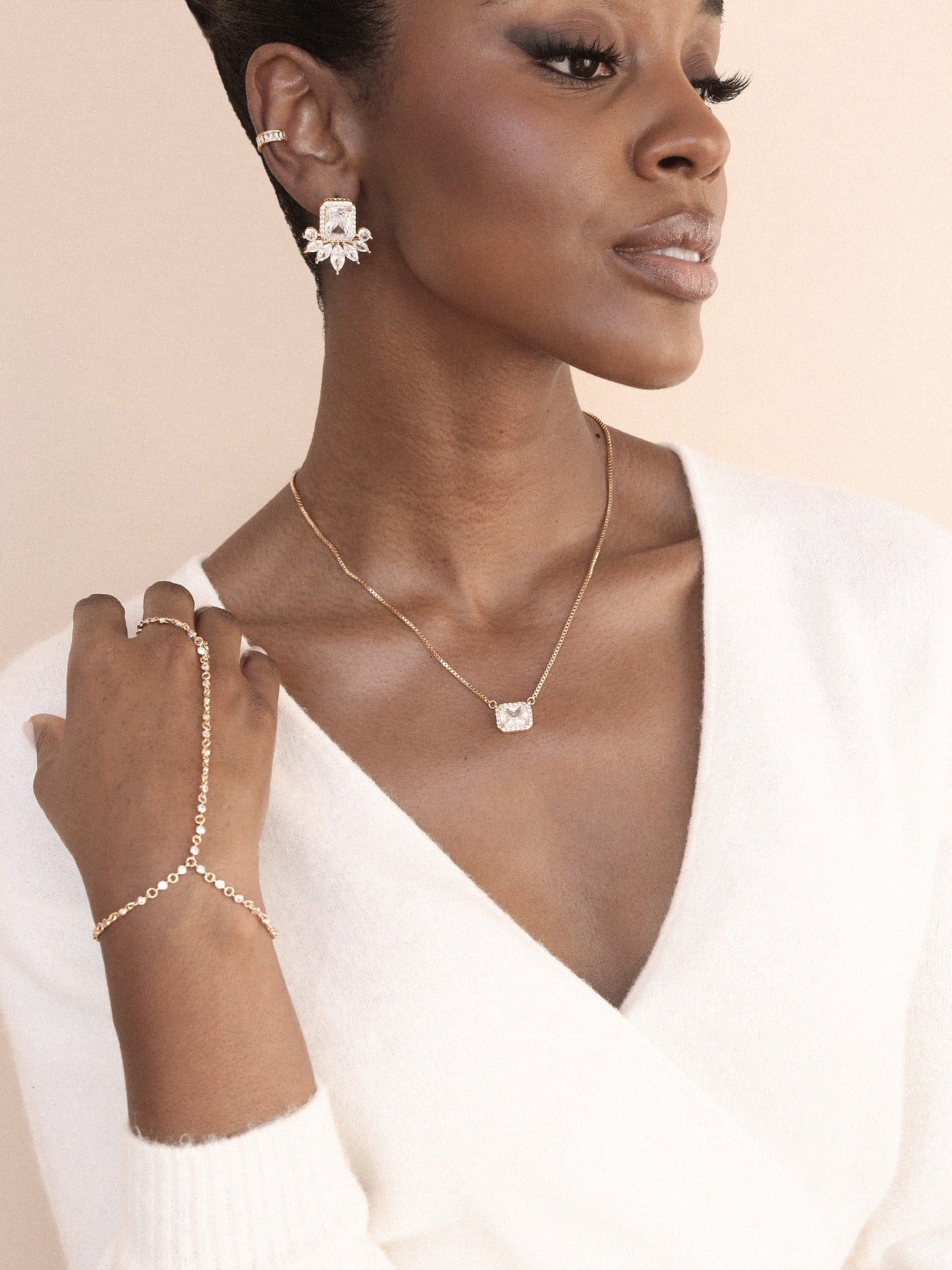 New Day Crystal Pendant Necklace on model 3