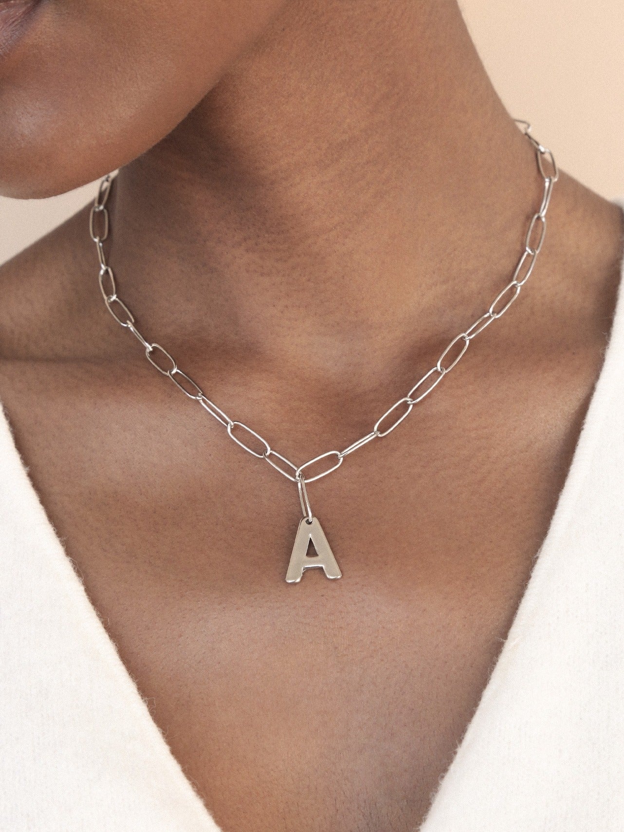 Paperclip Link Initial Necklace A Rhodium Plated model