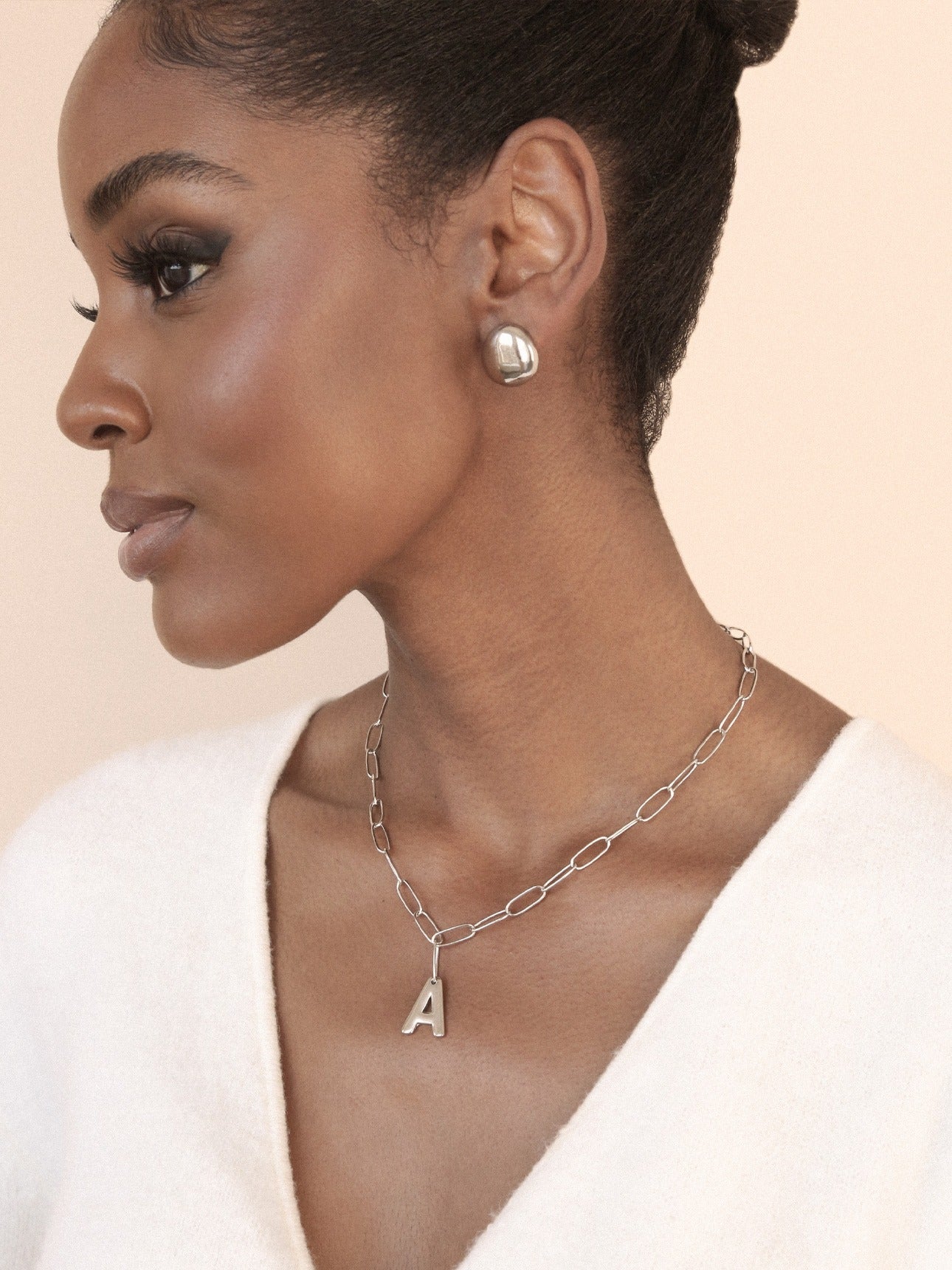 Paperclip Link Initial Necklace A Rhodium Plated model 2