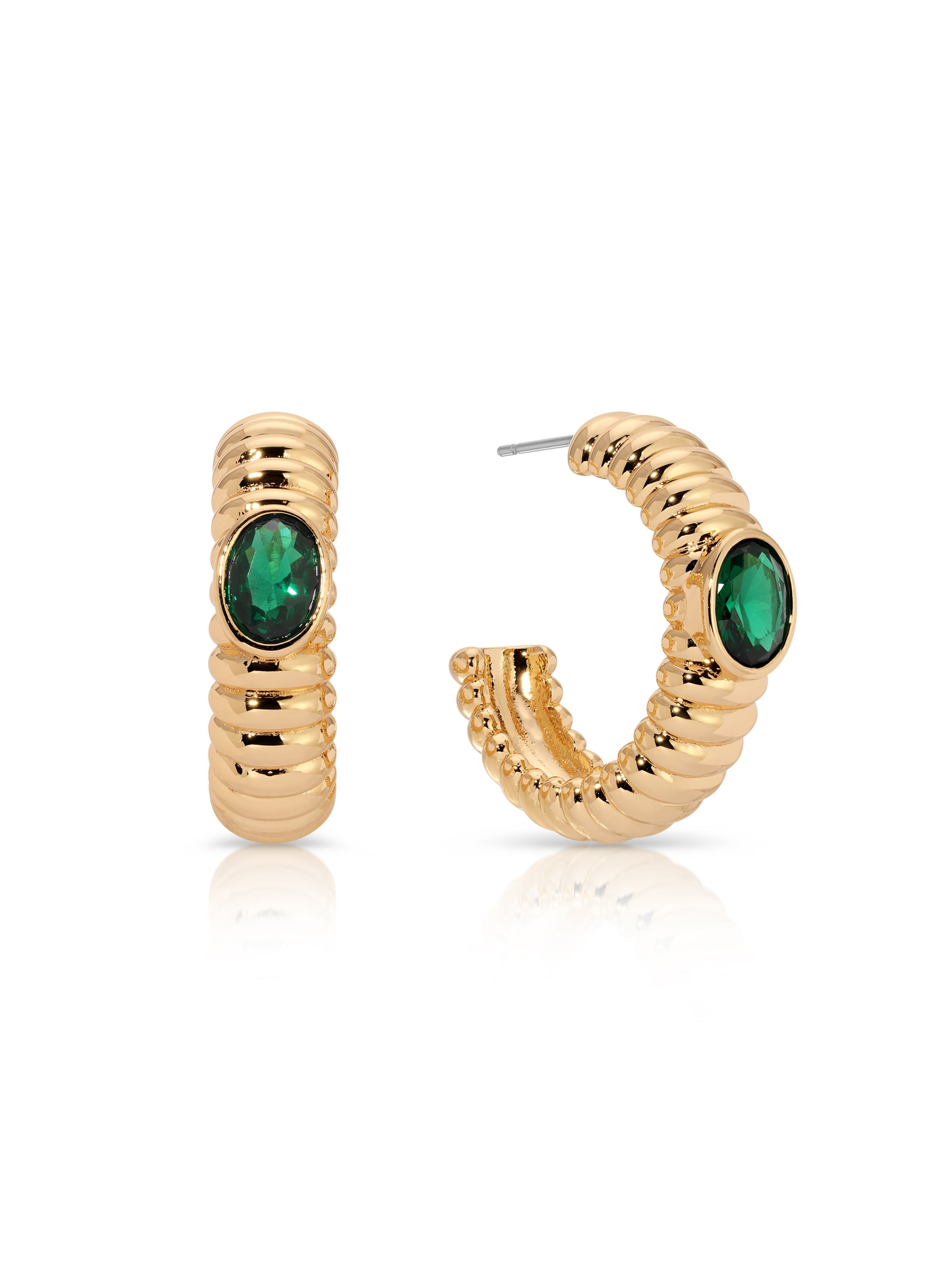 Ribbed Emerald Large Hoops
