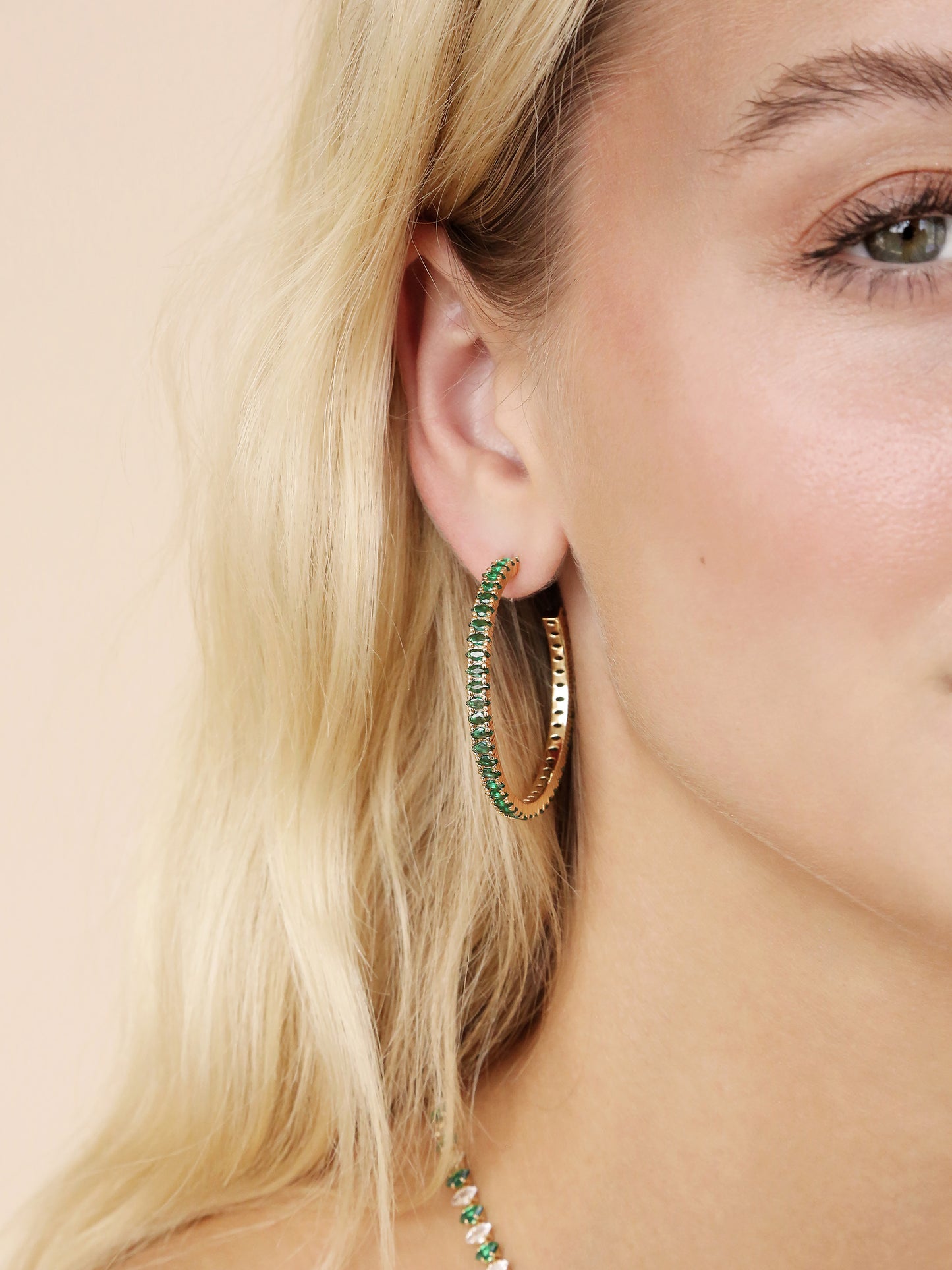 Emerald Marquise Hoops on model 2