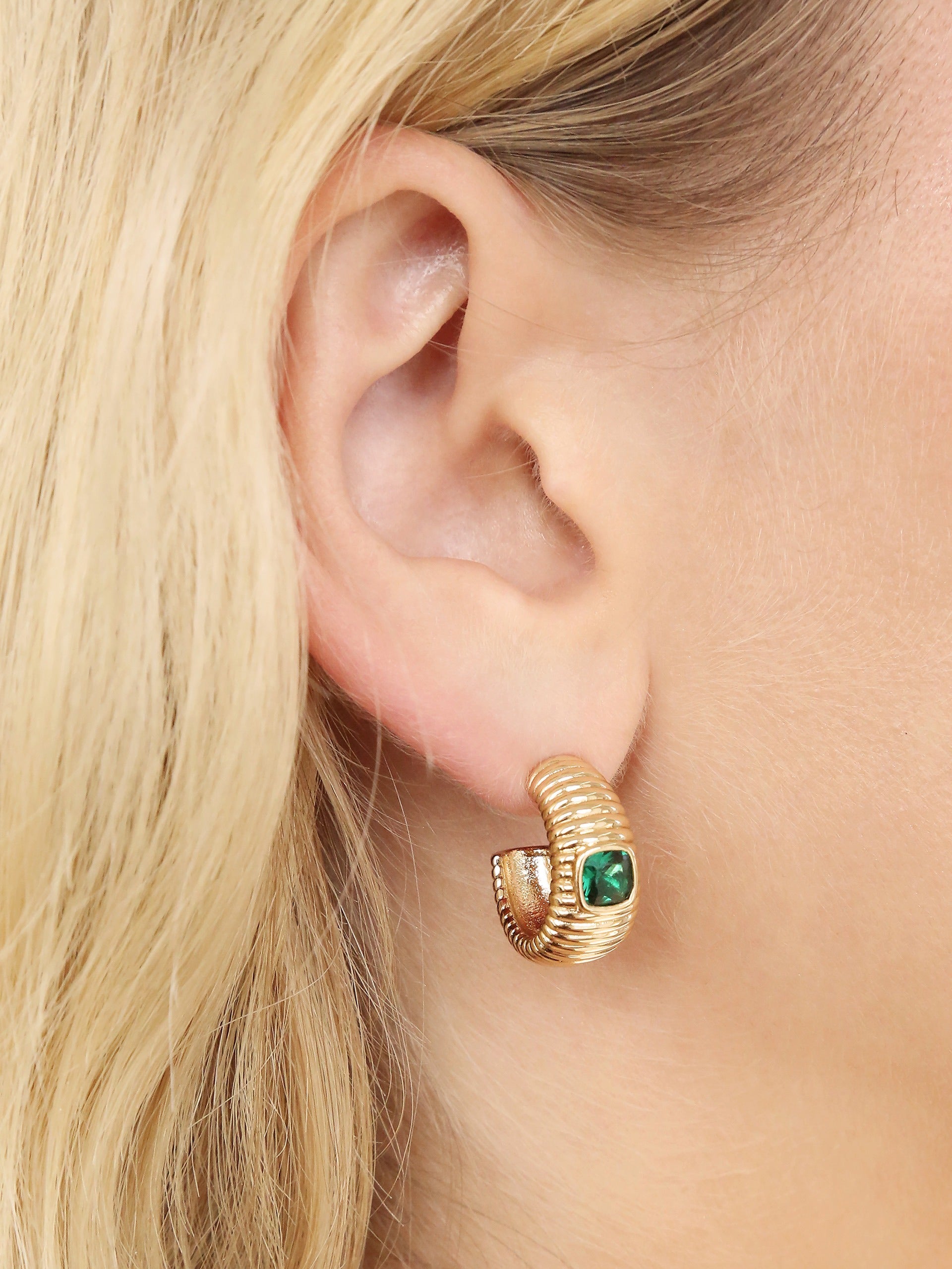 Ribbed Emerald Medium Hoops on model