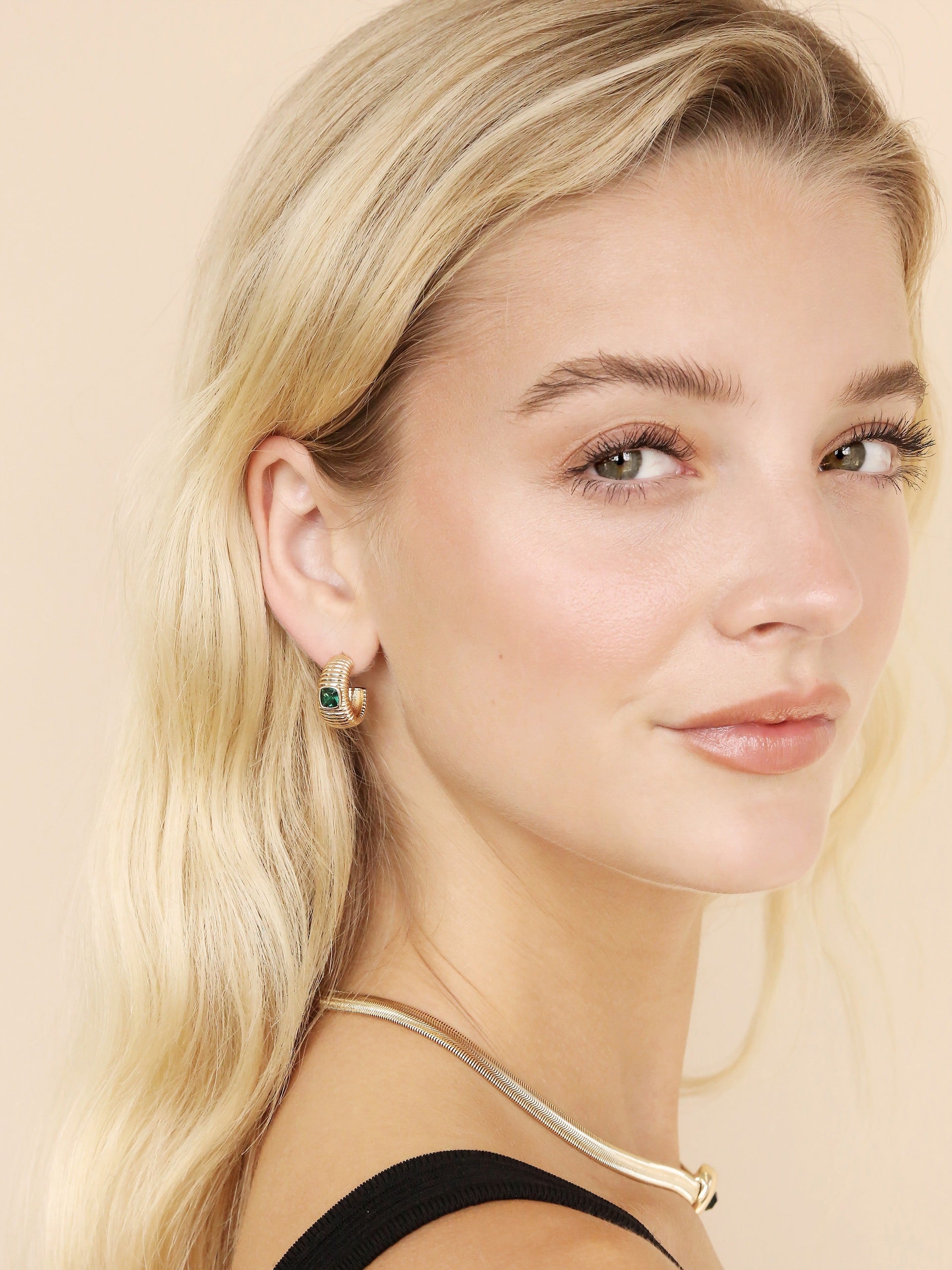 Ribbed Emerald Medium Hoops on model 2