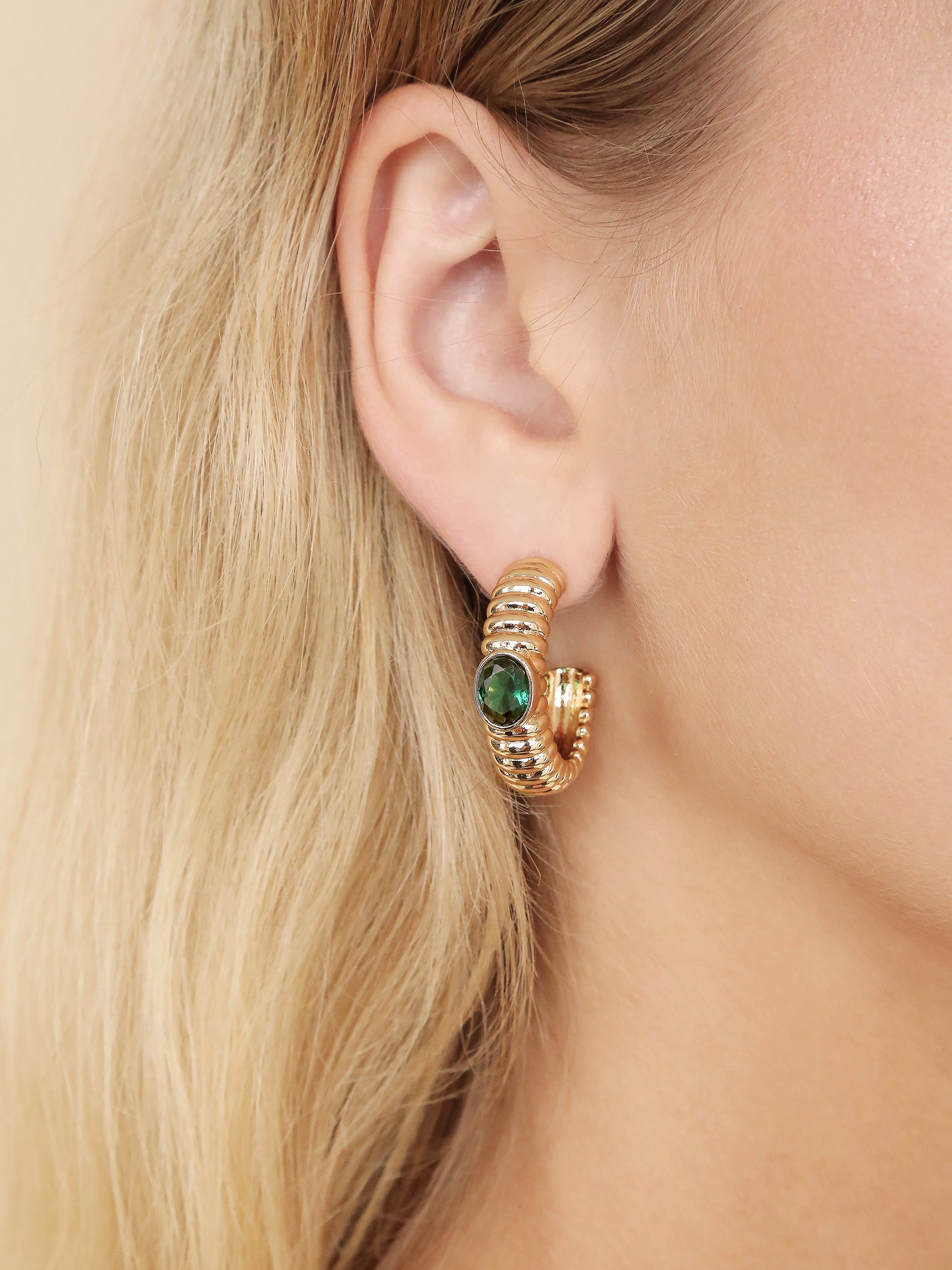 Ribbed Emerald Large Hoops on model