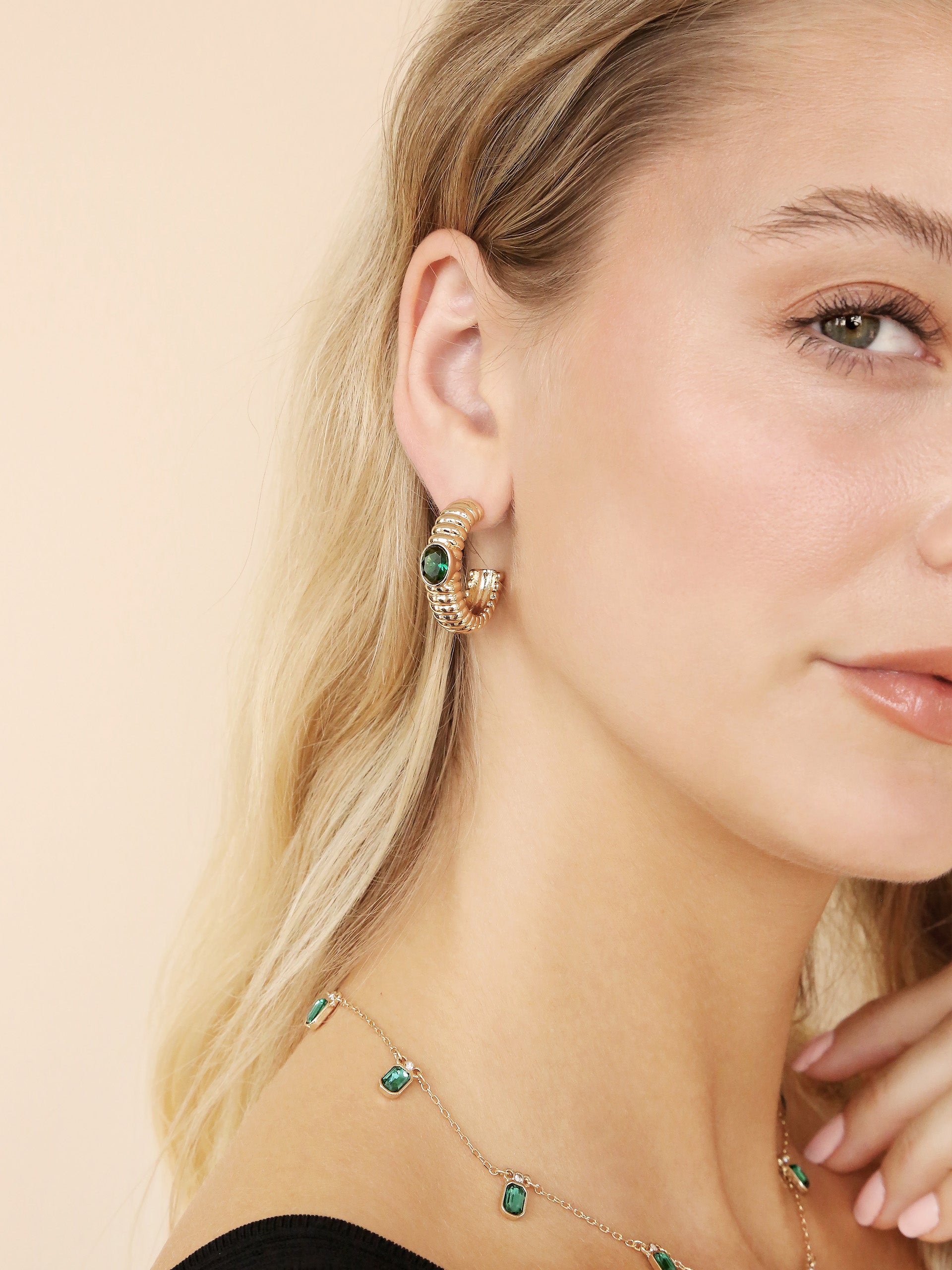 Ribbed Emerald Large Hoops 2