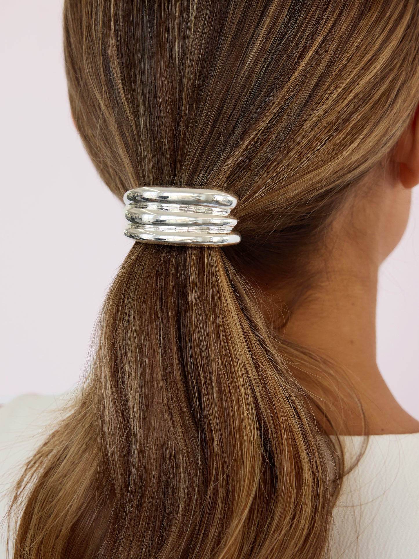 Modern Rows Hair Tie Silver with Black Elastic model