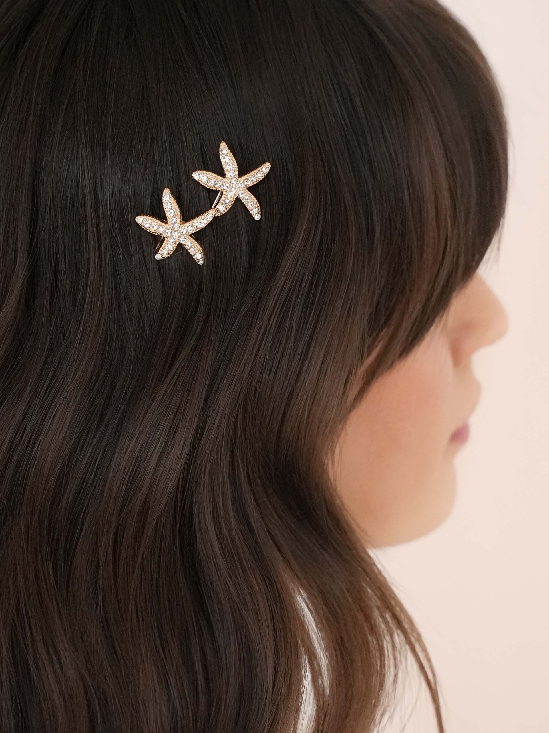 Crystal Starfish Hair Pin Set Gold Tone model 3