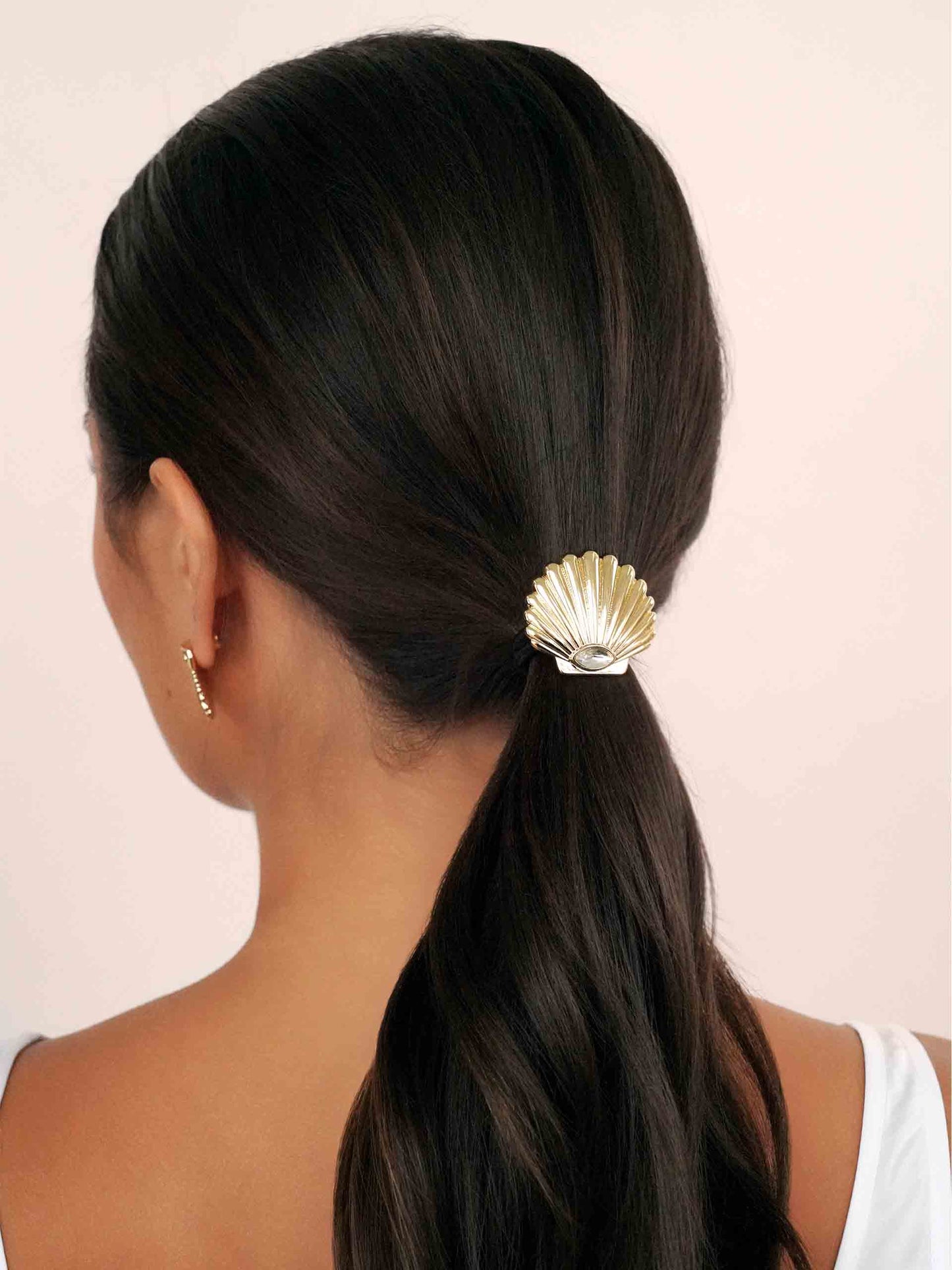 Santorini Shell Hair Tie Gold Tone with Black Elastic model 2