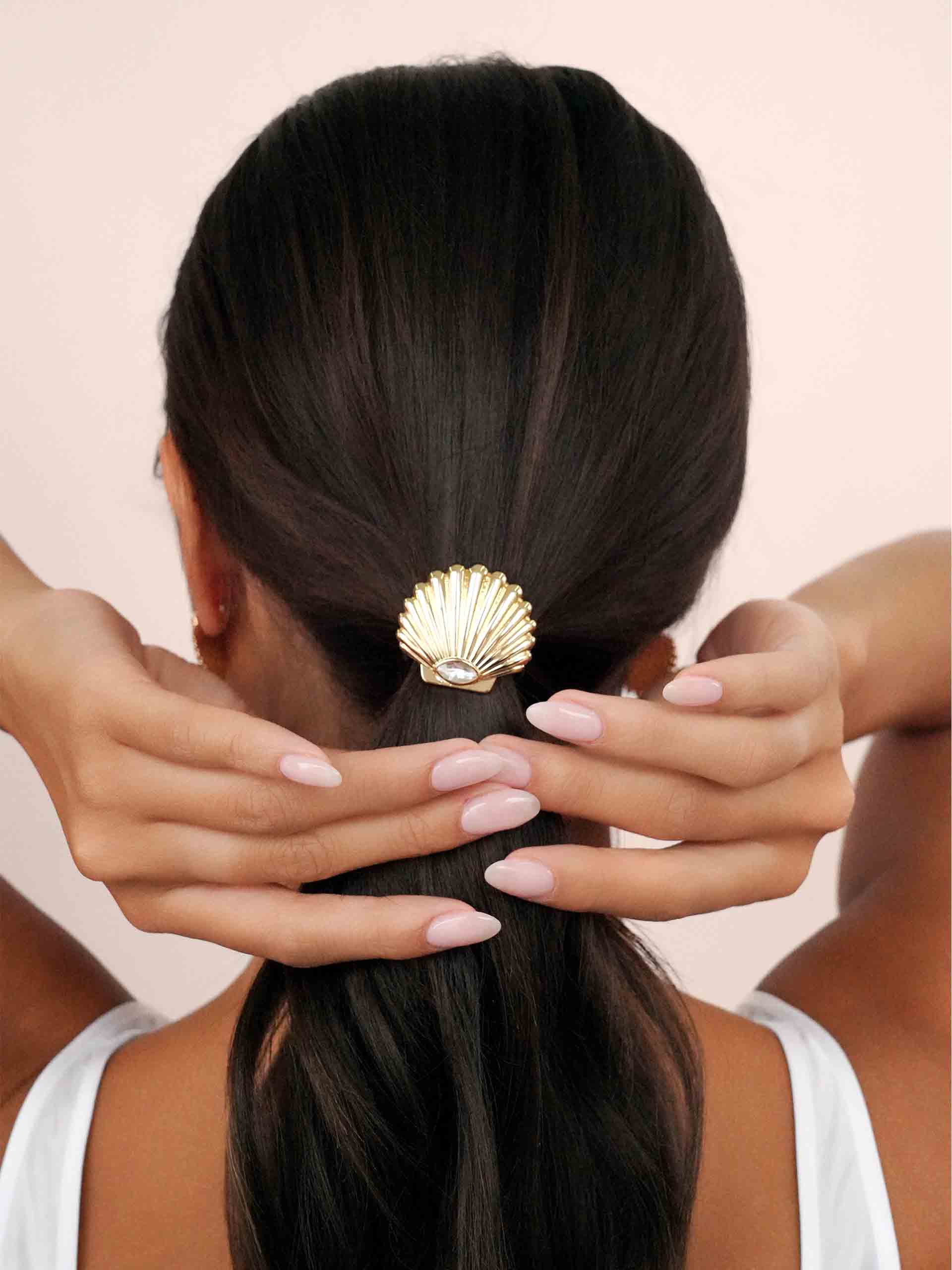 Santorini Shell Hair Tie Gold Tone with Black Elastic model 3