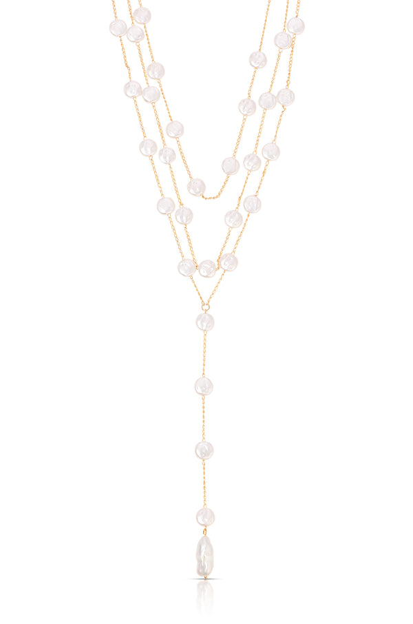 Pearl Coin Layered Lariat Necklace