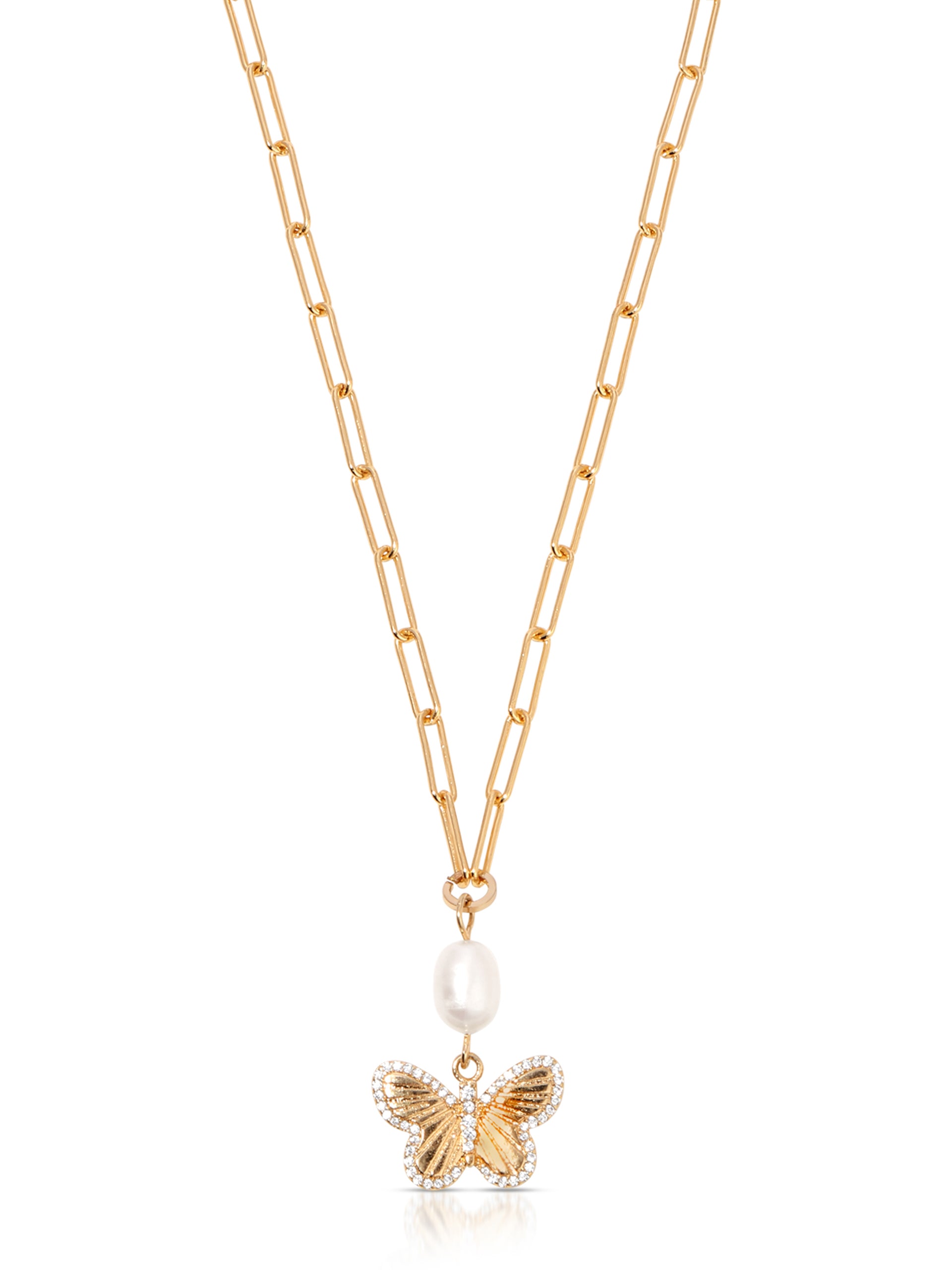 Butterfly Pearl Chain Necklace Pearl with 18k Gold Plating