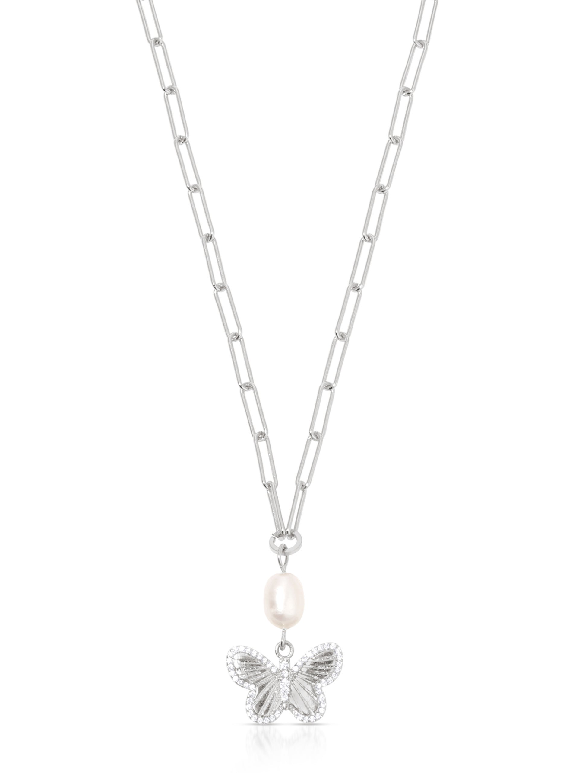 Butterfly Pearl Chain Necklace Pearl with Silver Plating