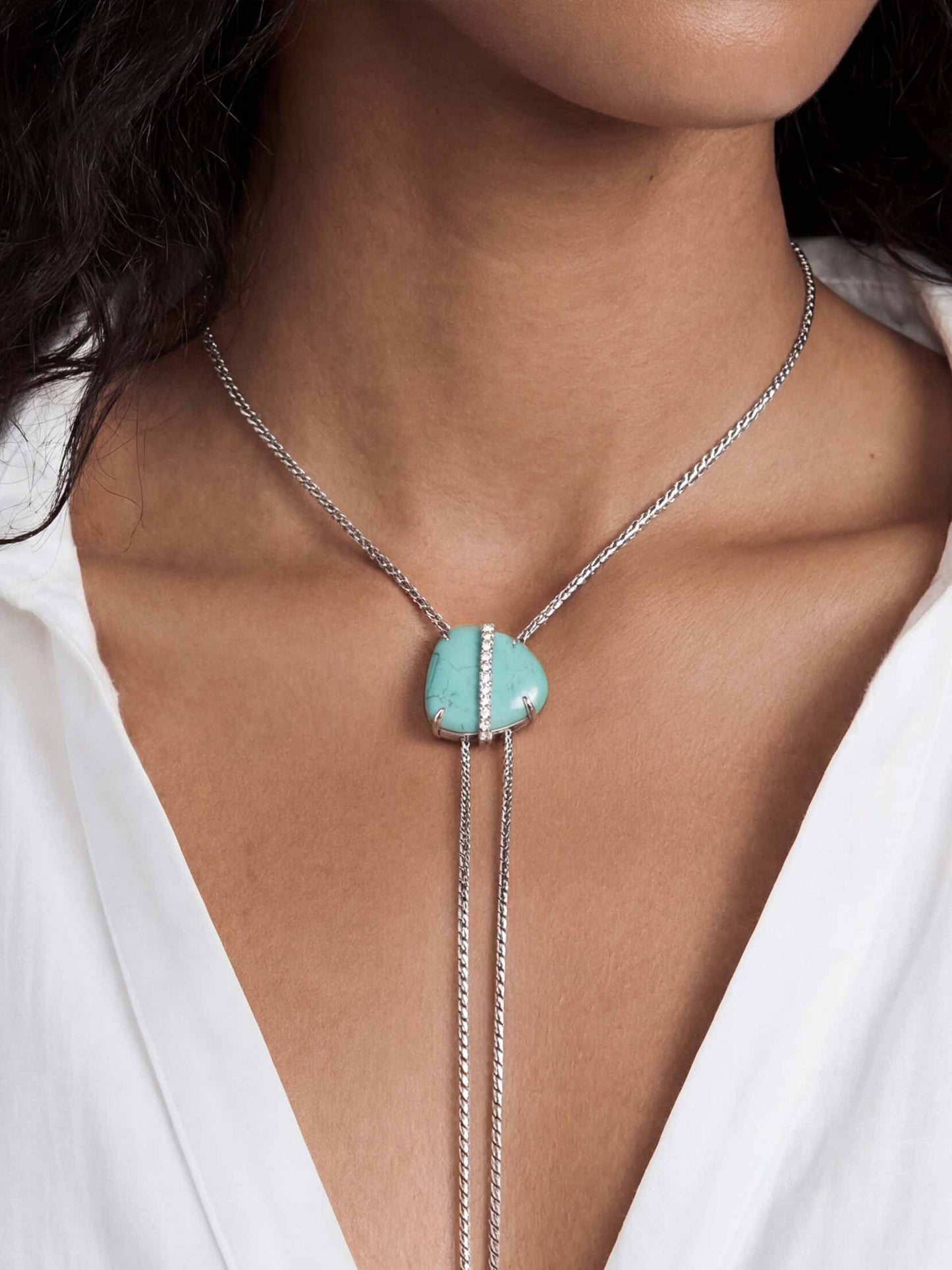Turquoise Solstice Bolo Necklace Turquoise with Silver Plating on model 2