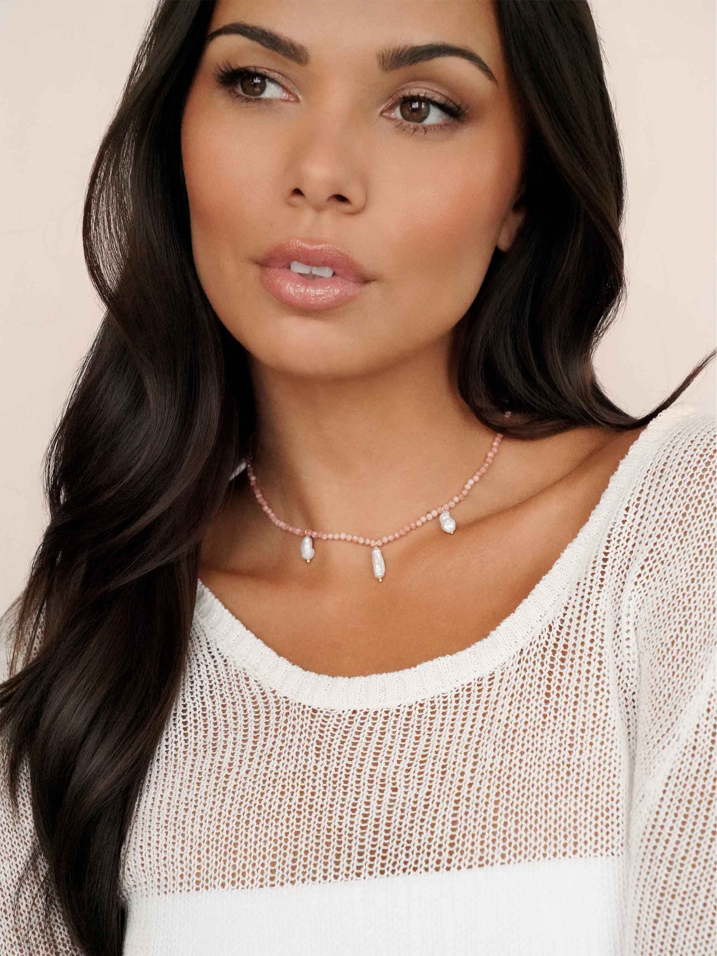 Ibiza Beaded Choker Coral with 18k Gold Plating on model 2