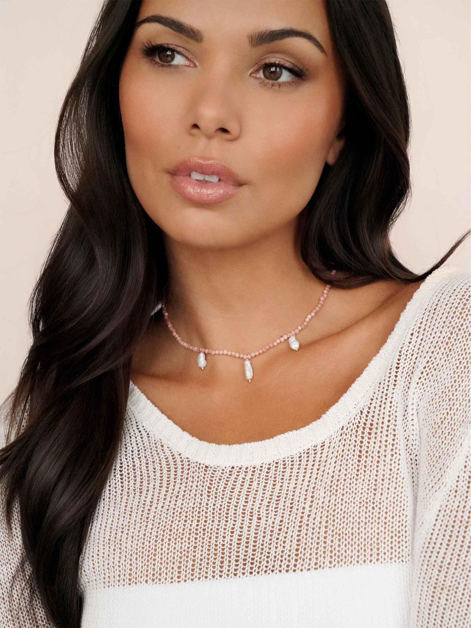 Ibiza Beaded Choker Coral with 18k Gold Plating on model 2