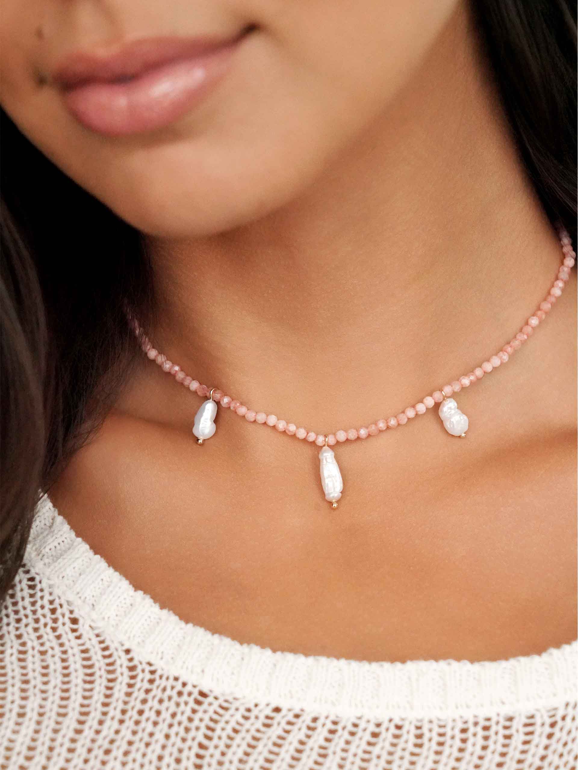 Ibiza Beaded Choker Coral with 18k Gold Plating on model