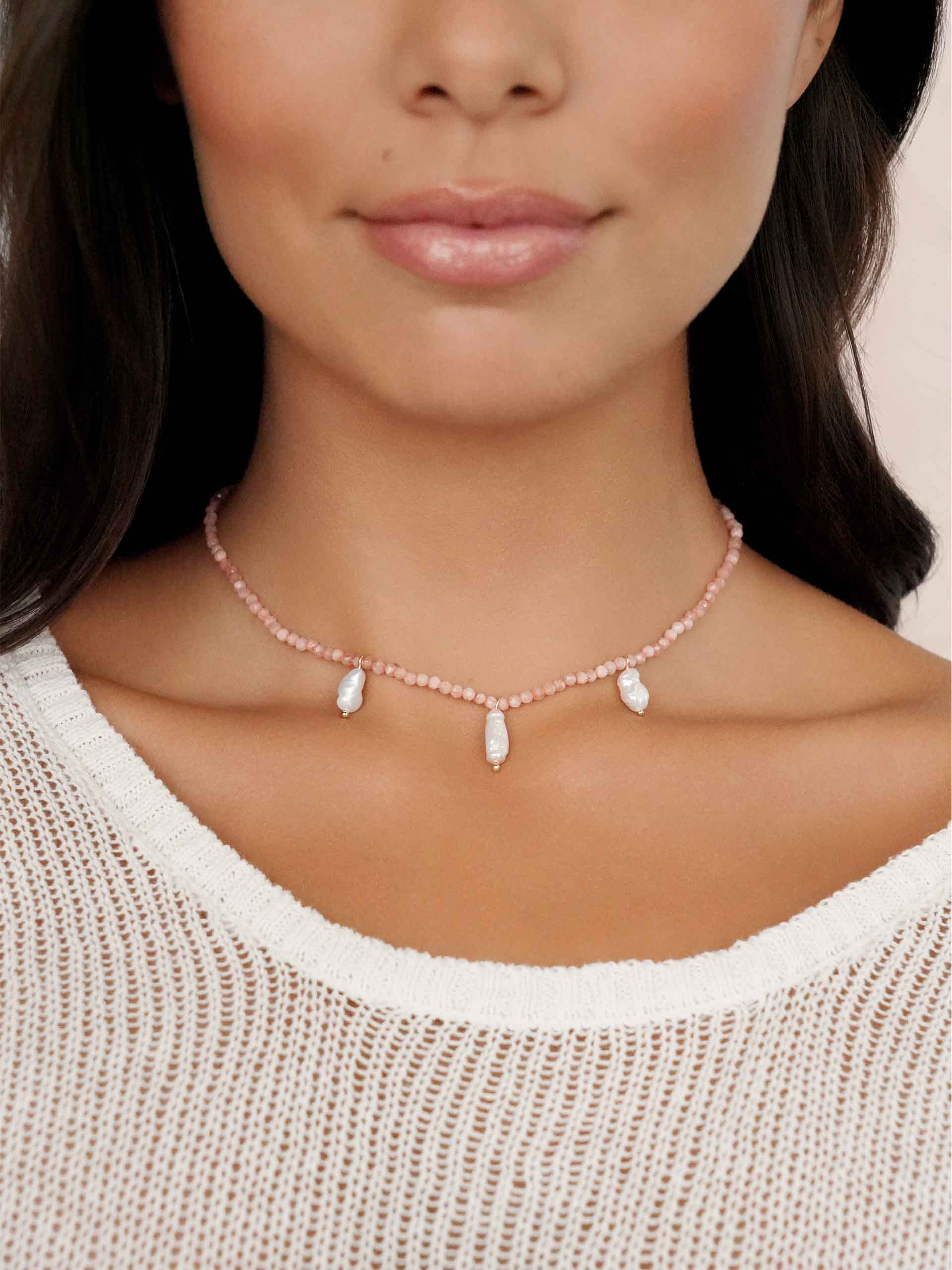 Ibiza Beaded Choker Coral with 18k Gold Plating on model 3