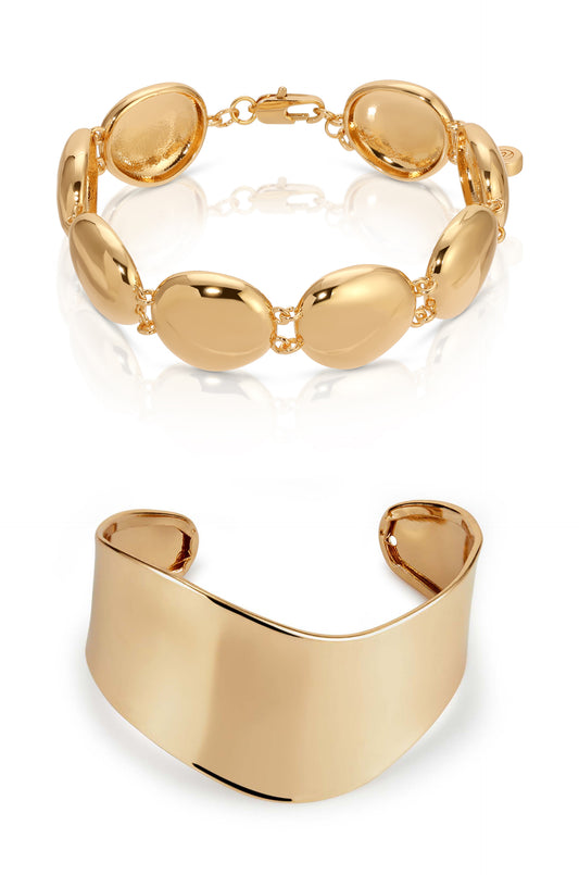 Pebble Bracelet + Smooth Cuff Set in gold