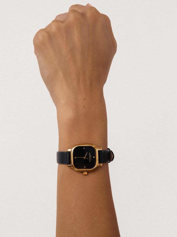 Classic Square Black Leather Watch Second