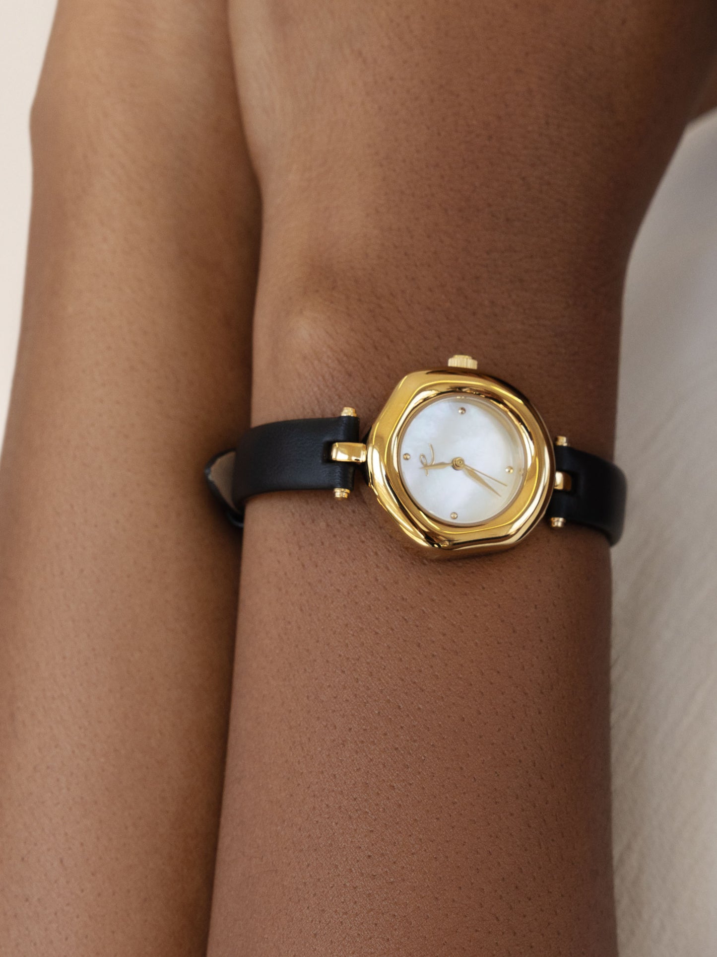 Open Circle Leather Watch in Black