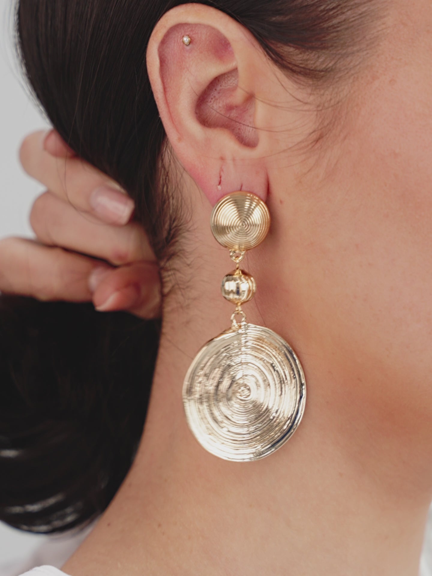 Textured Disc 18k Gold Plated Statement Earrings on model in video