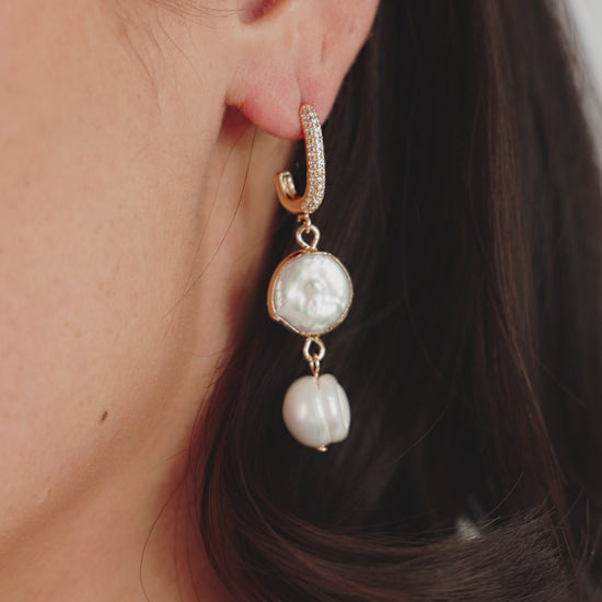 Dangling Freshwater Pearl Huggie Hoop Earrings on model in video