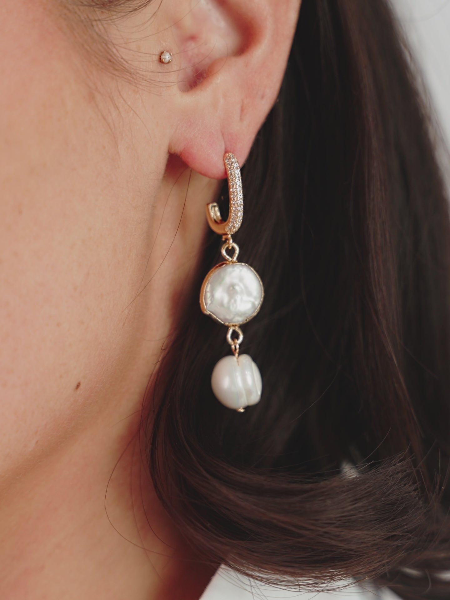Dangling Freshwater Pearl Huggie Hoop Earrings on model in video