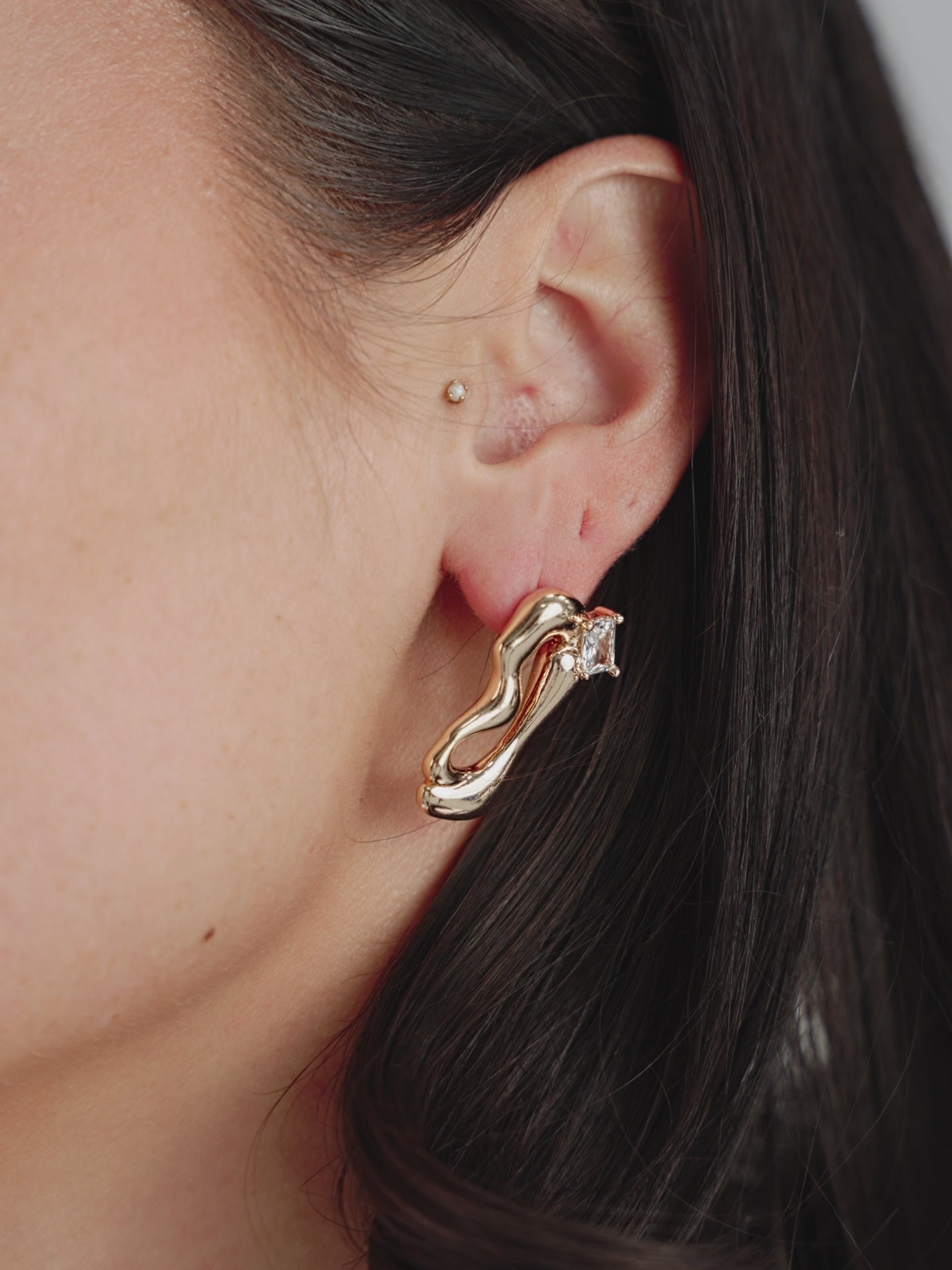 Organic 18k Gold Plated Winding Crystal Earrings on model