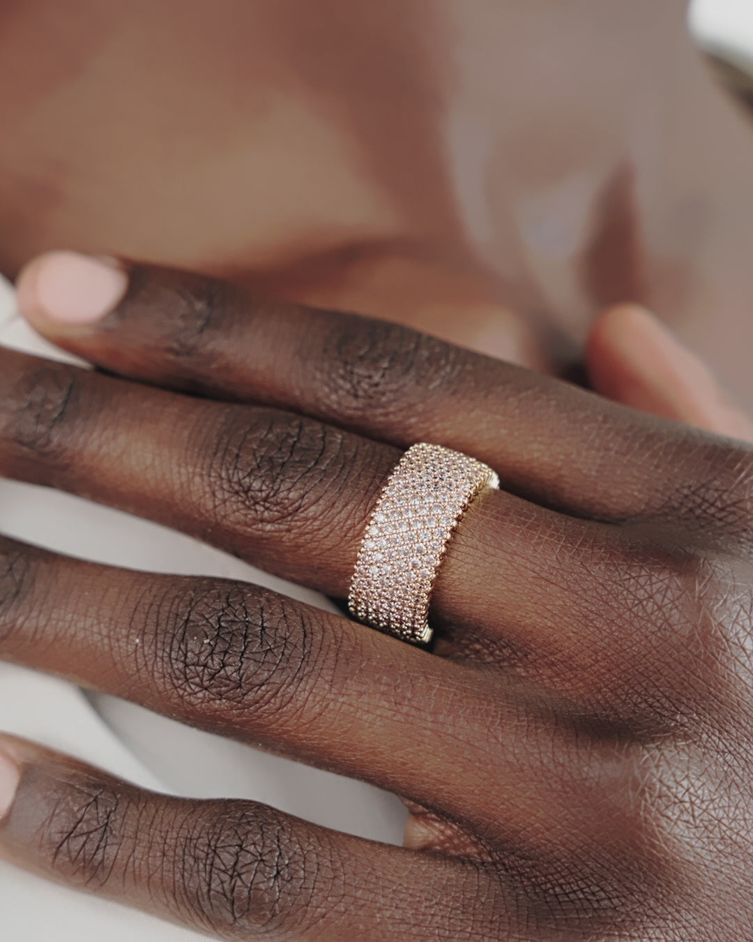 Crystal Thick Band Ring on model in video