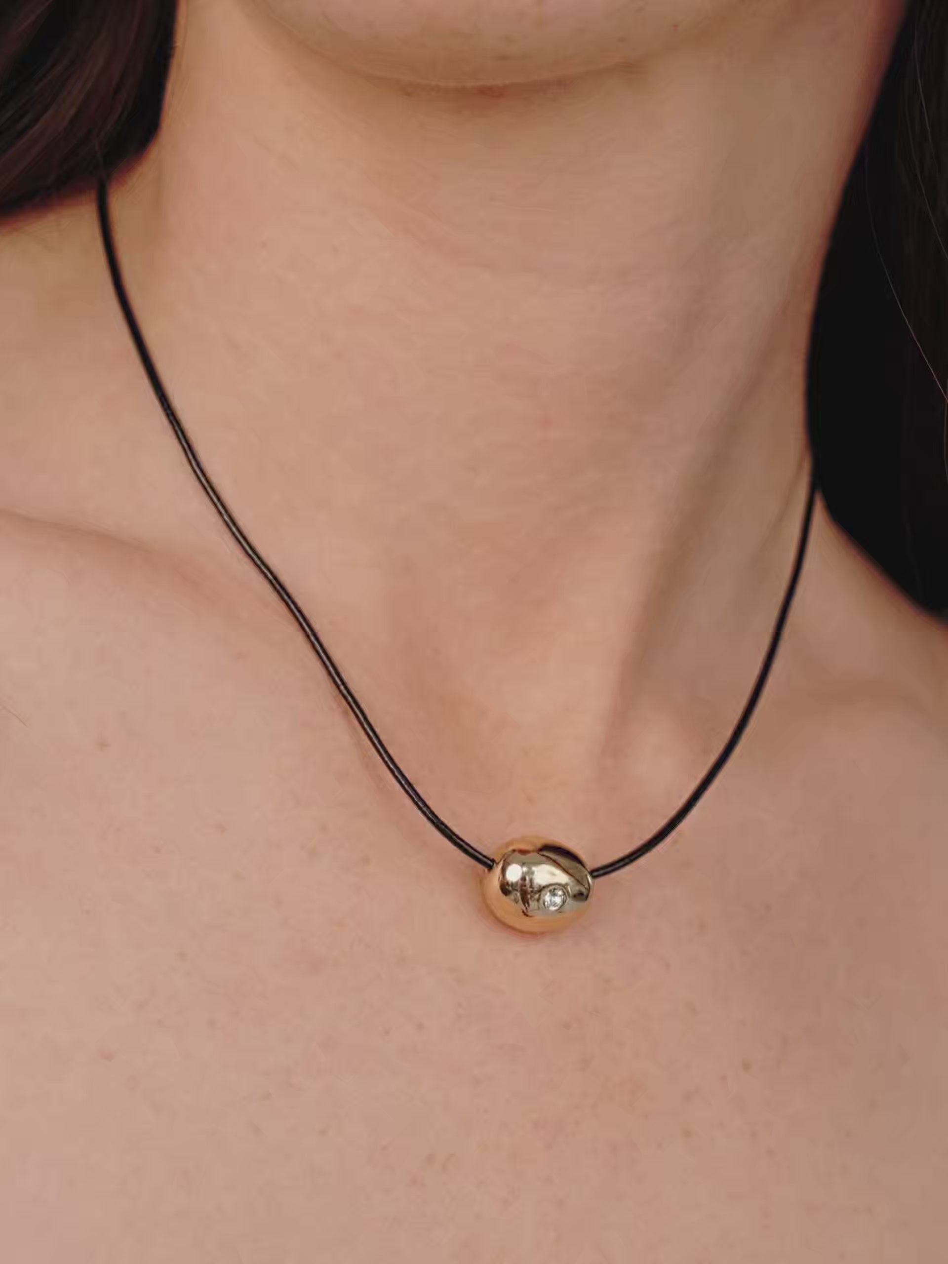 Polished Pebble Leather Pendant Necklace 18k Gold Plated video