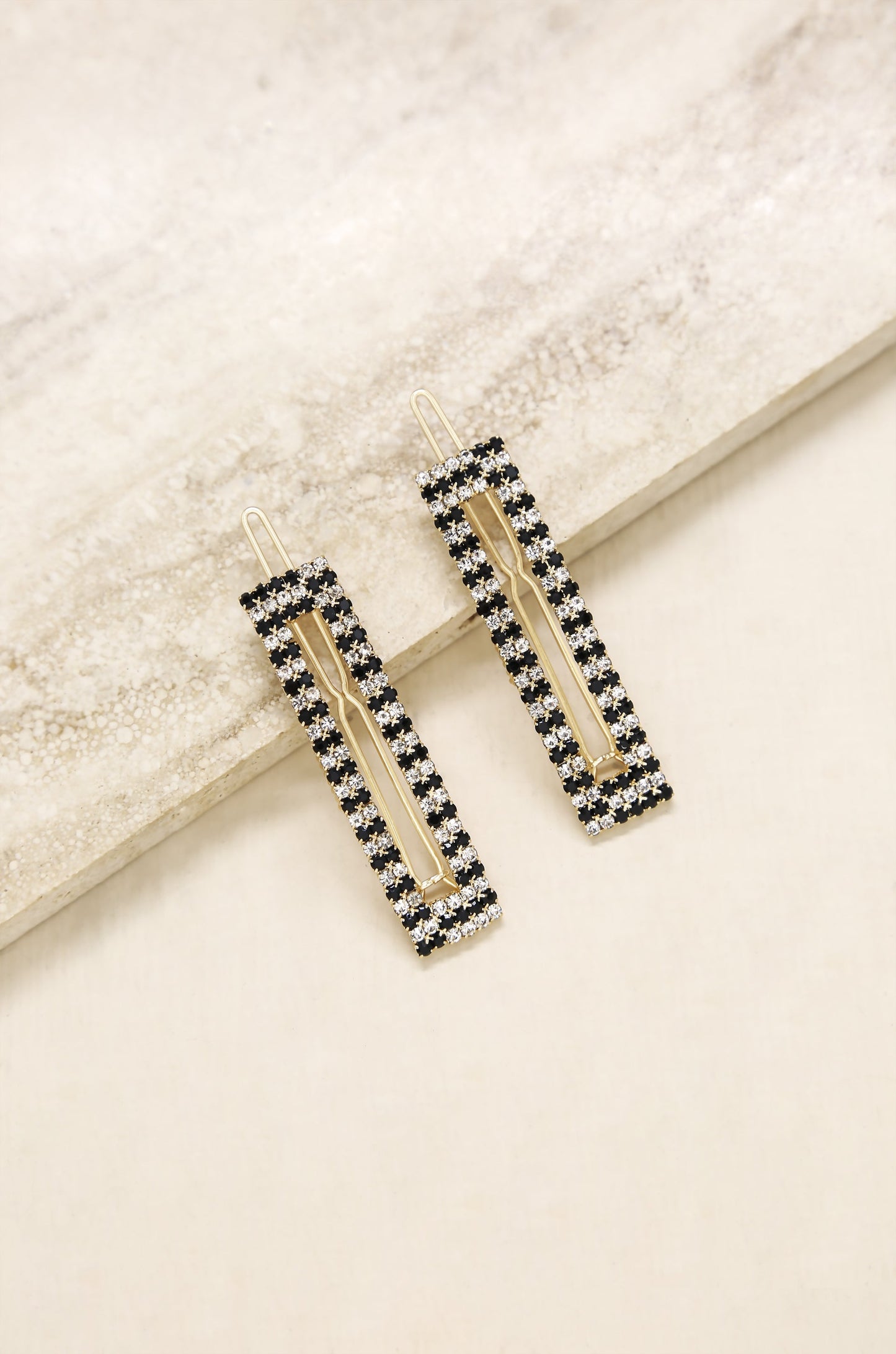 Black & Clear Crystal Rectangle Hair Barrettes on slate