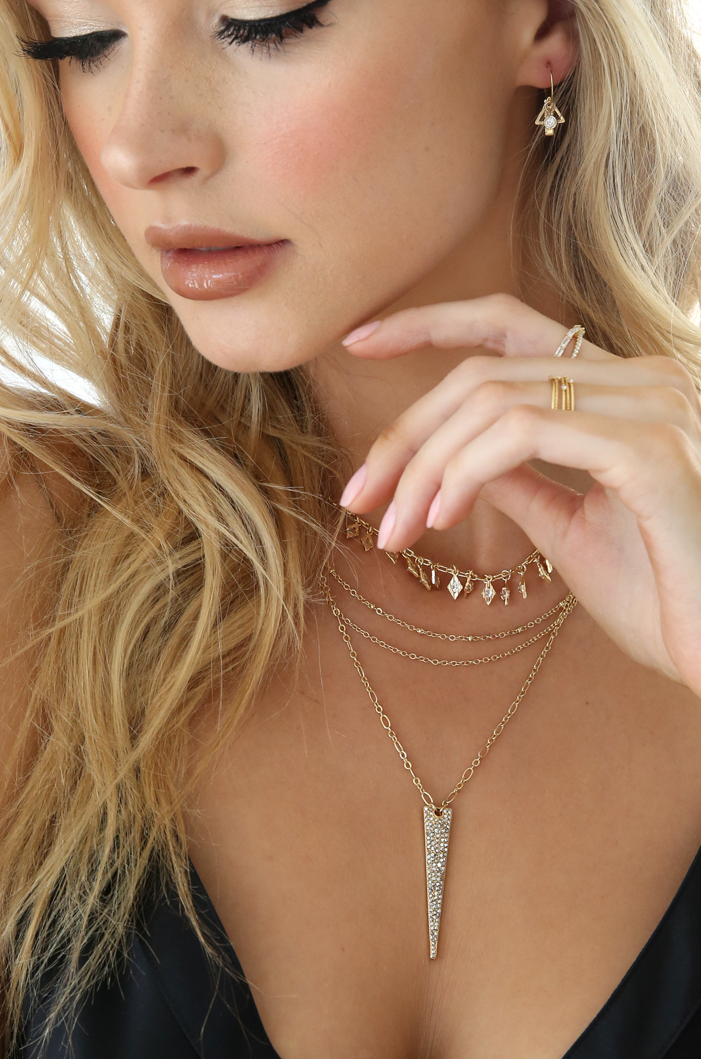 Layered Crystal Spike 18k Gold Plated Necklace on model
