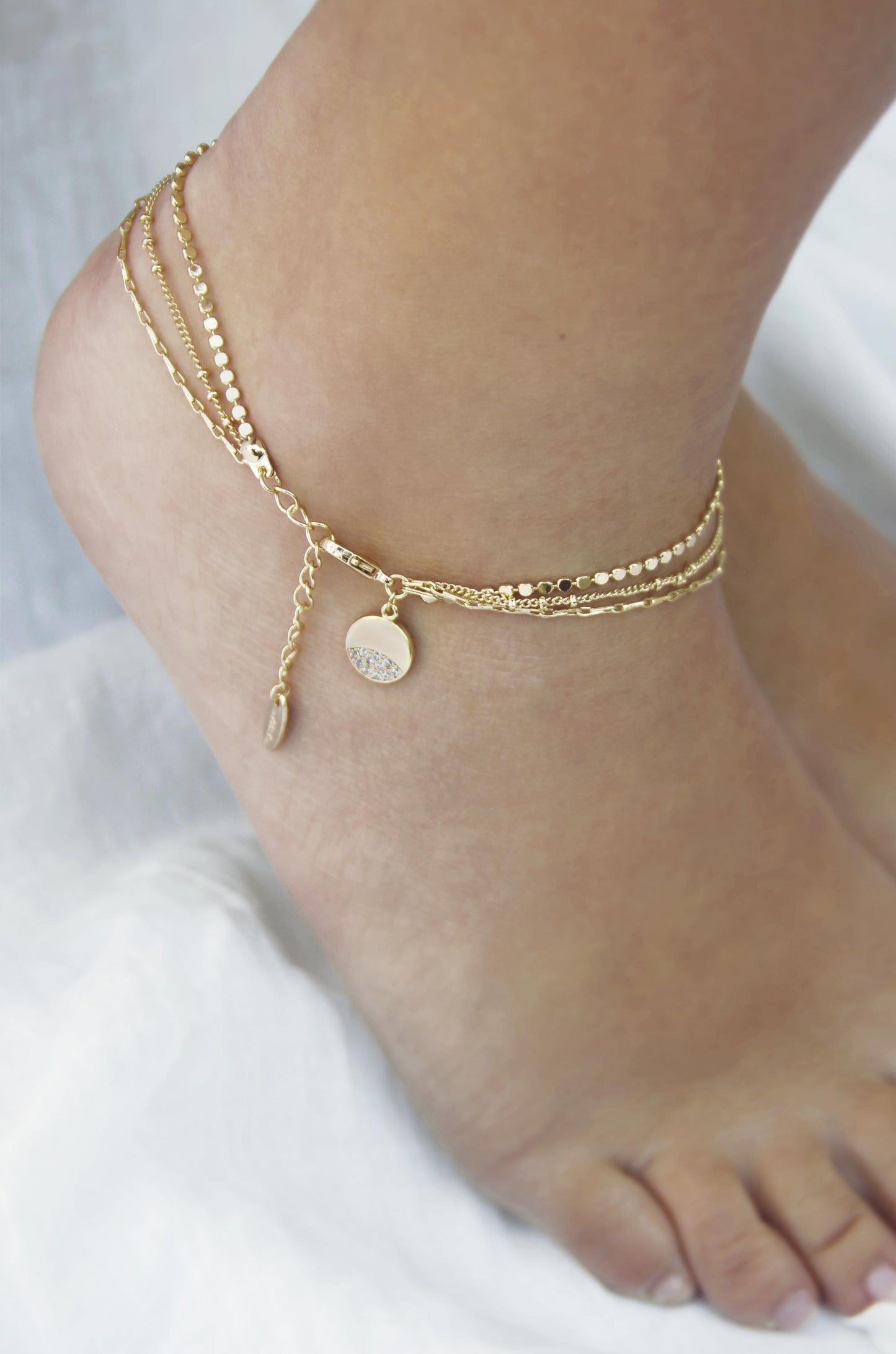 Crystal Dipped Multi Chain Anklet on model
