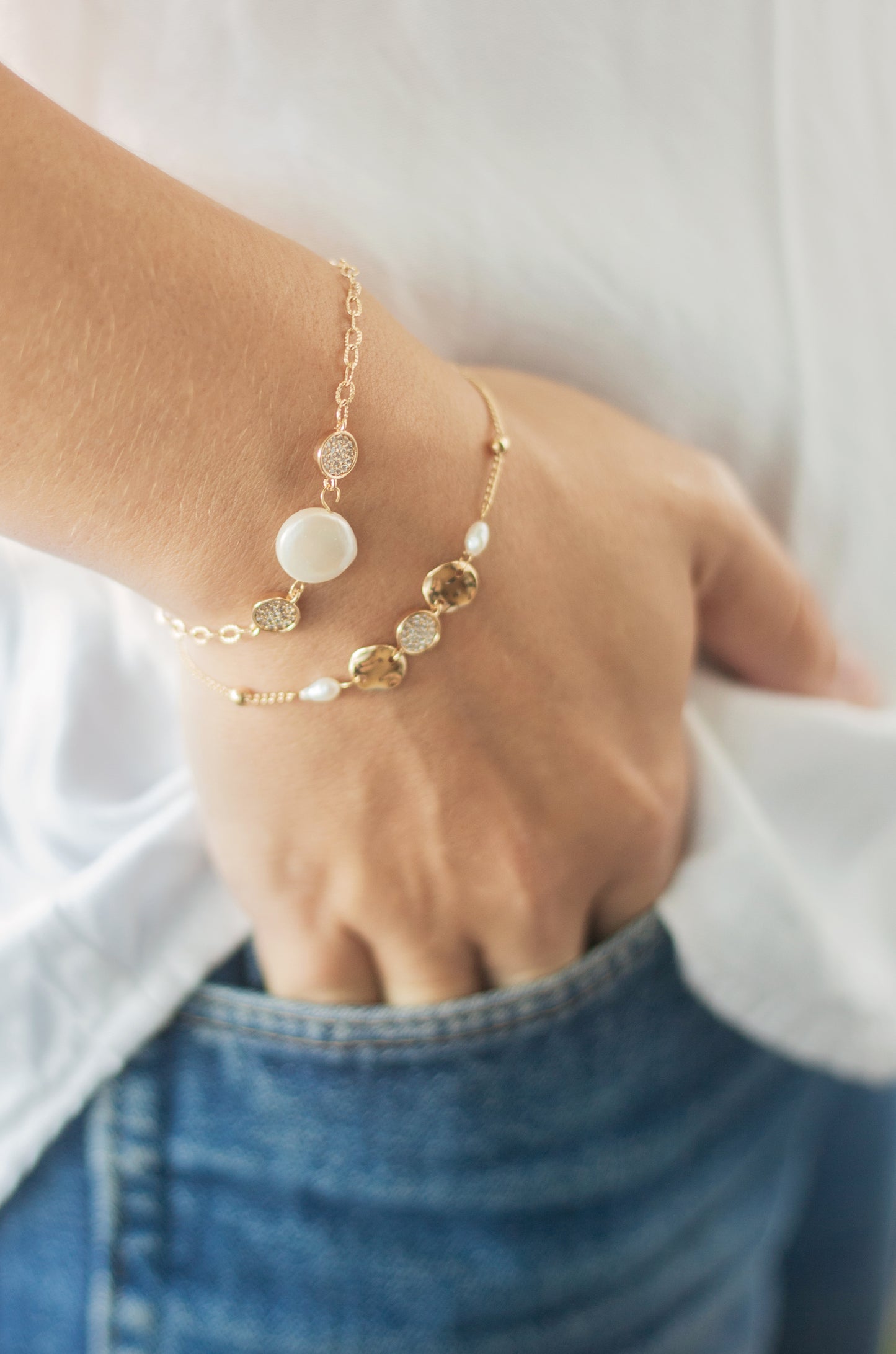Duchess Pearl 18k Gold Plated Bracelet Set shown on a model