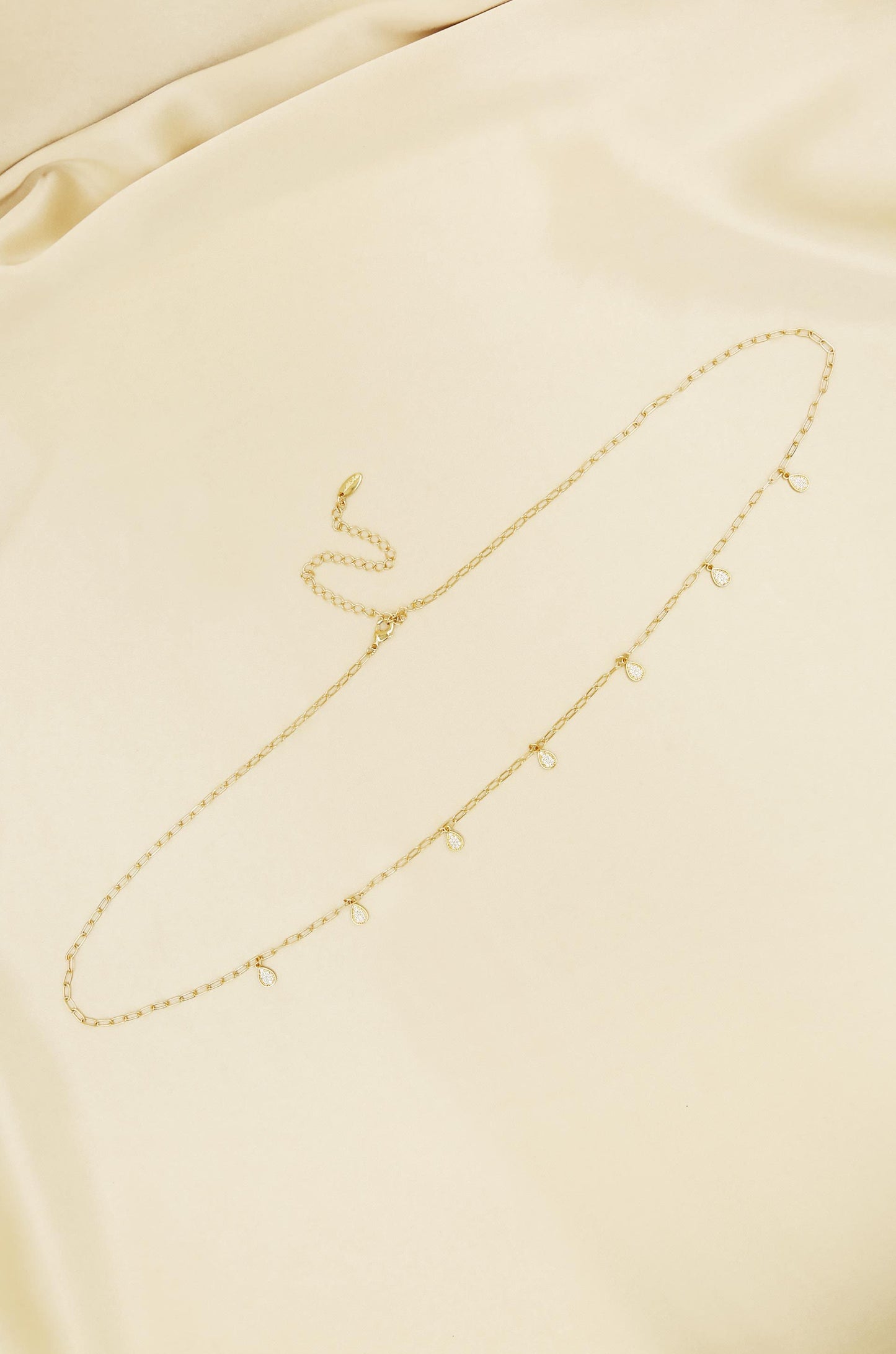 Delicate Crystal Droplet Gold Body Chain on slate background 2