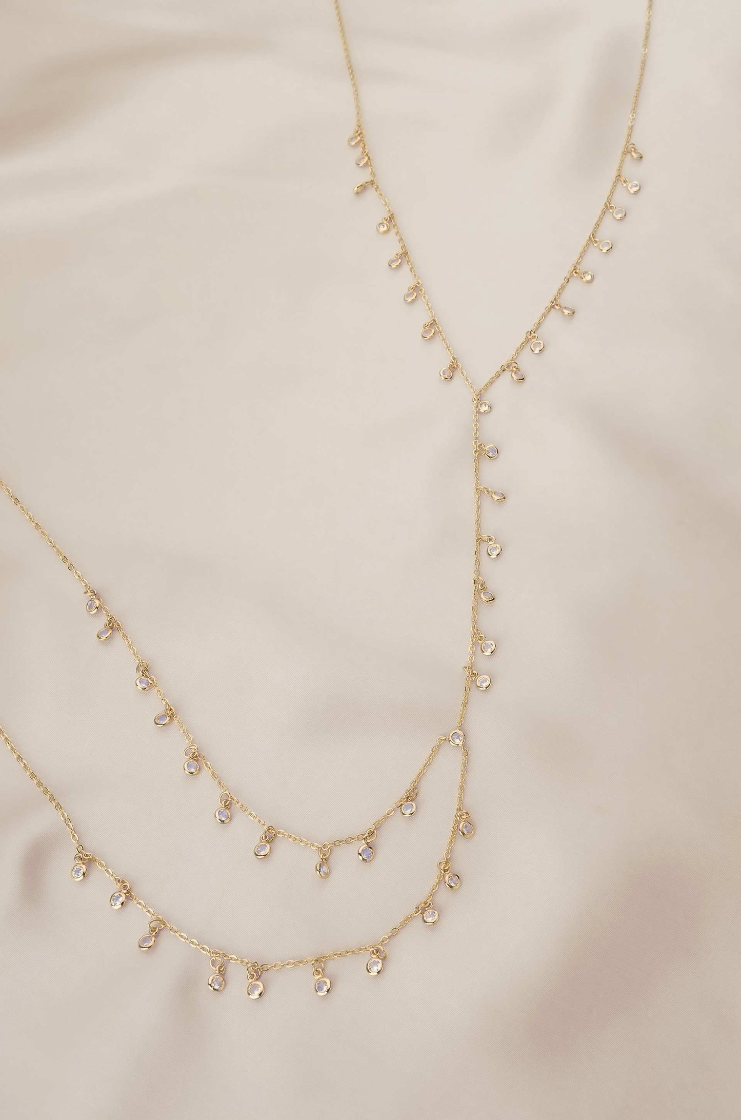 Crystal Fringe Body Chain in Gold on satin