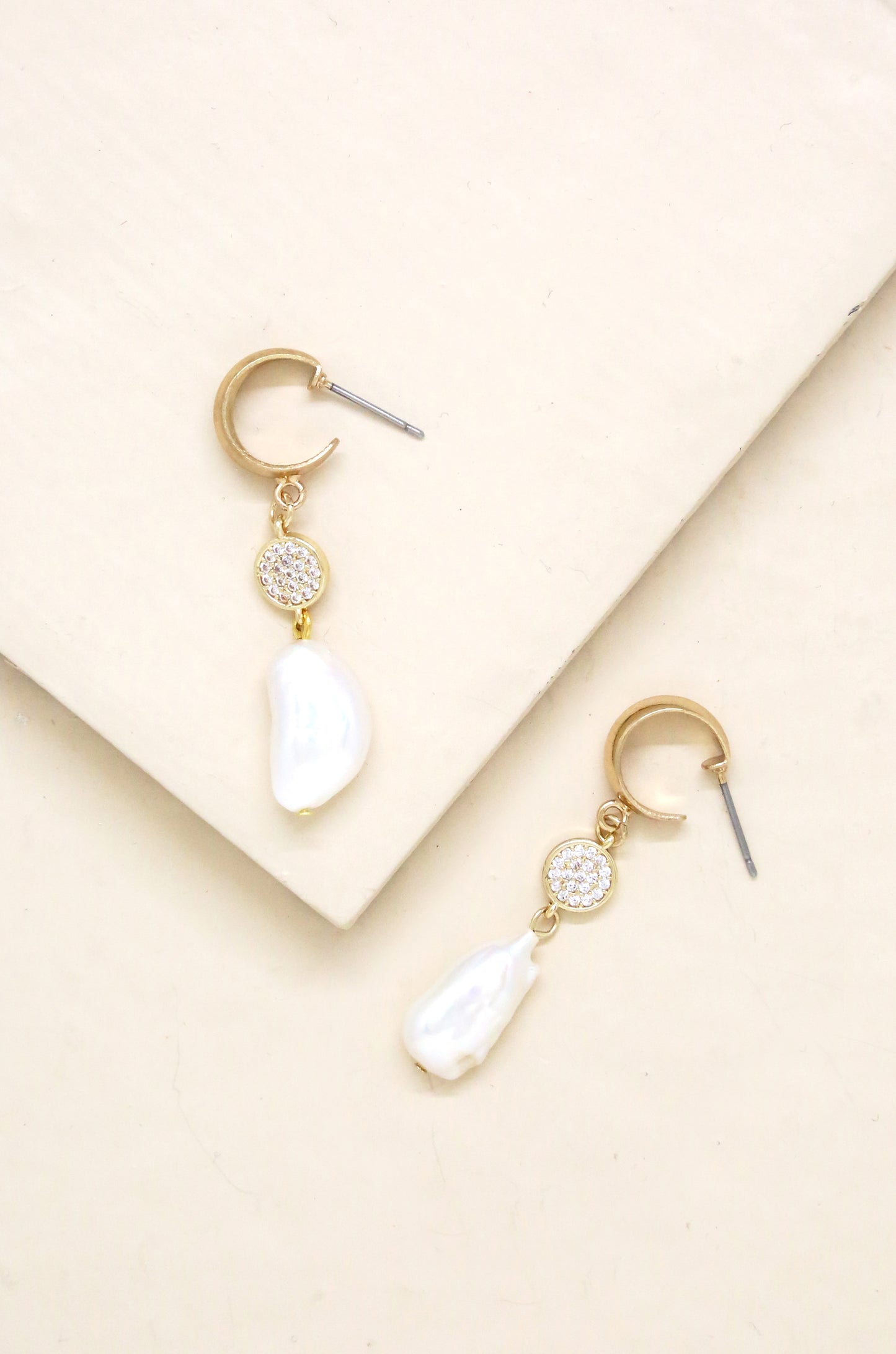 Little Things Freshwater Pearl Drop & 18k Gold Plated Earrings on slate background