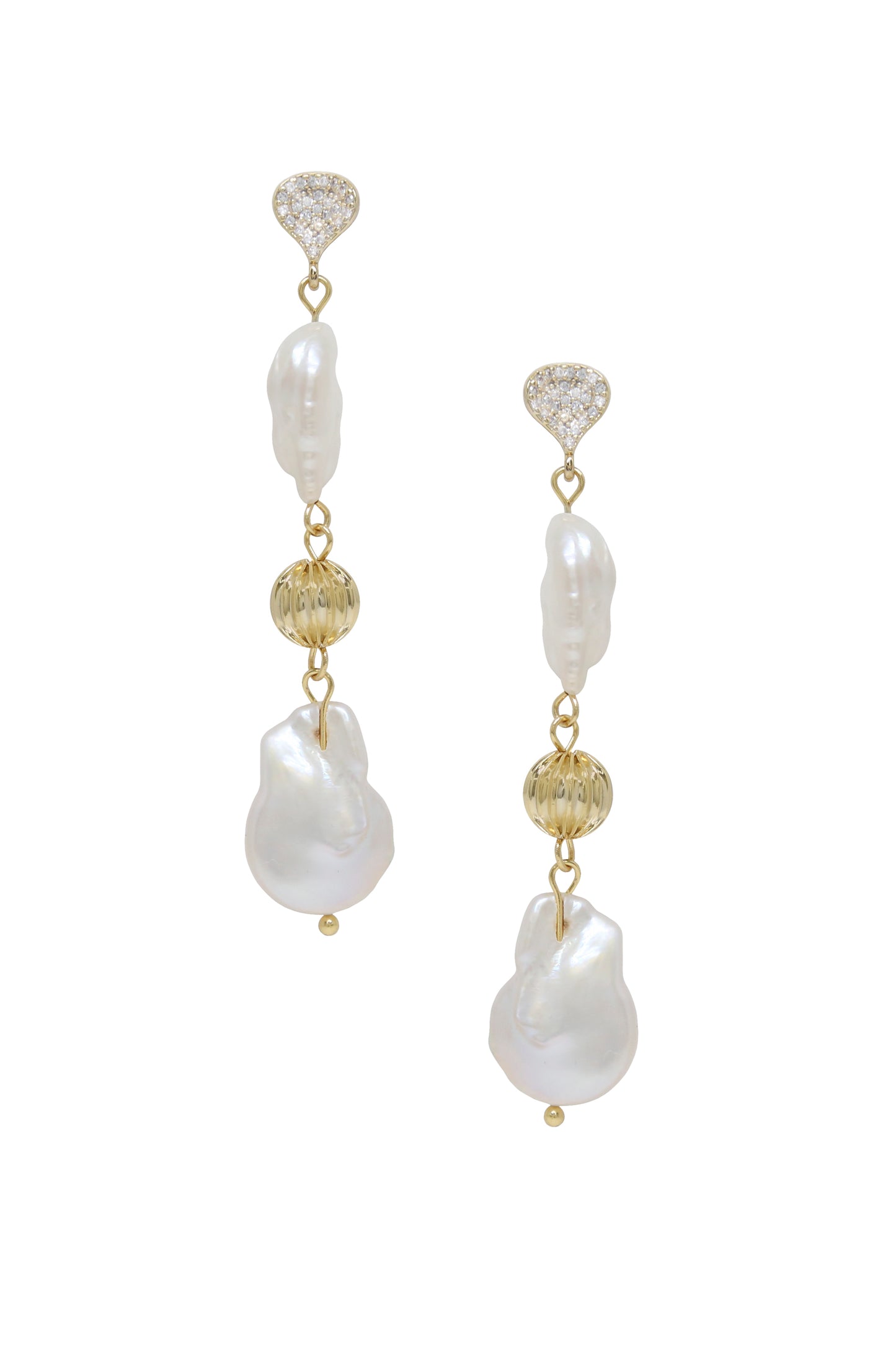 Freshwater Pearl Double Drop 18k Gold Plated Earrings on white background