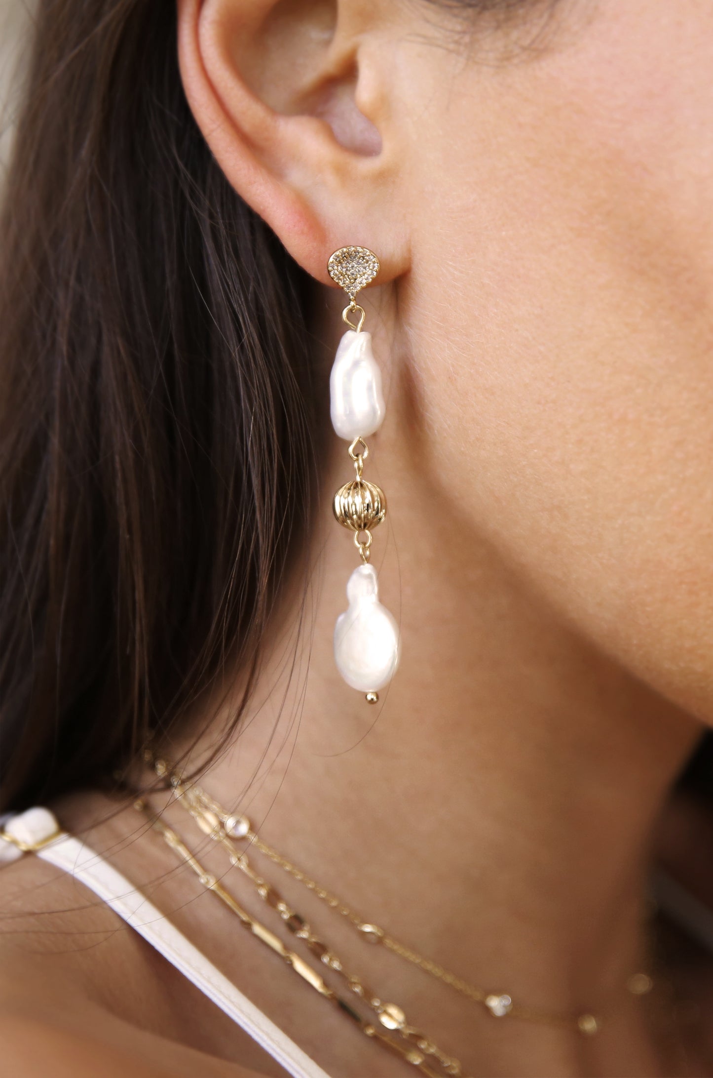 Freshwater Pearl Double Drop 18k Gold Plated Earrings shown on a model
