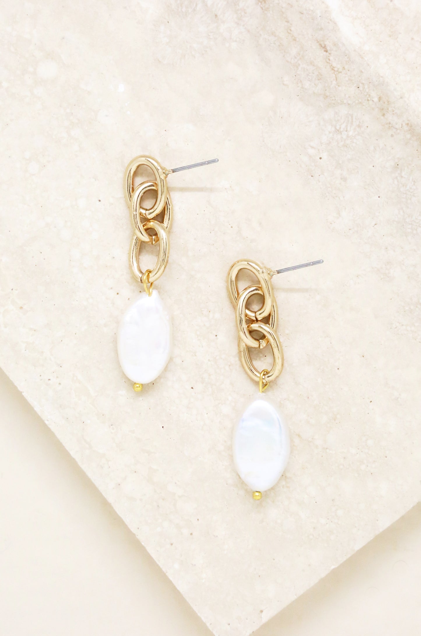 Freshwater Pearl Drop & 18k Gold Plated Chain Earrings on slate background