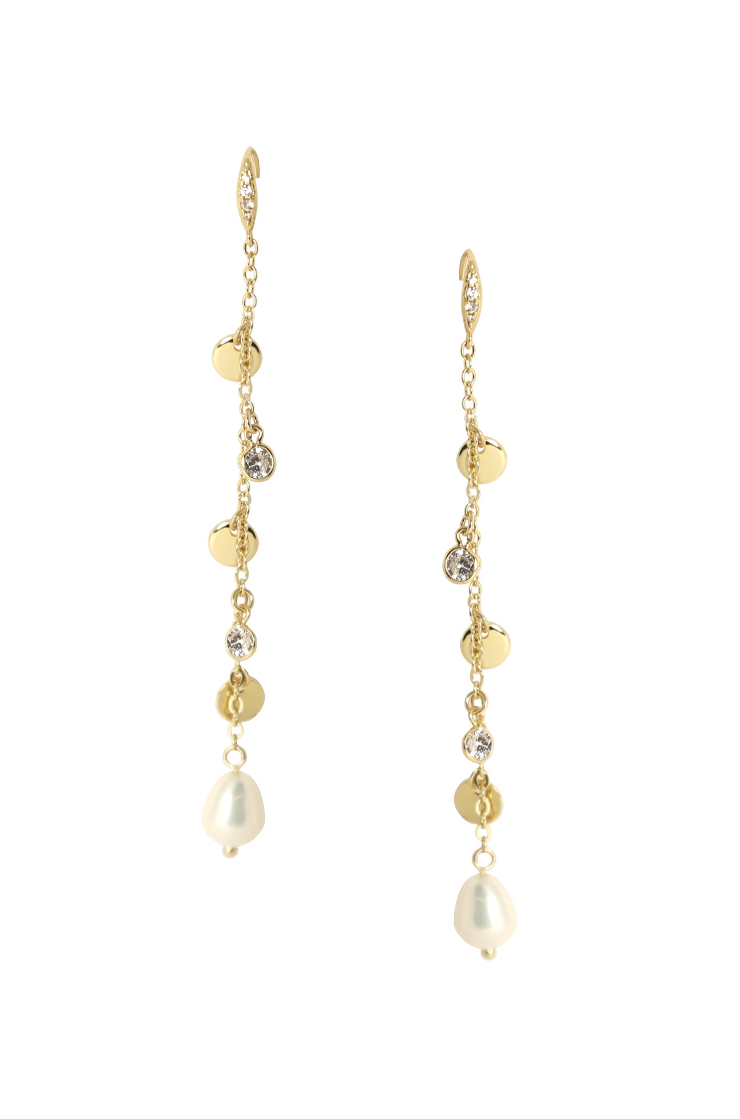 Delicate Dangle Freshwater Pearl 18k Gold Plated Earrings on white background
