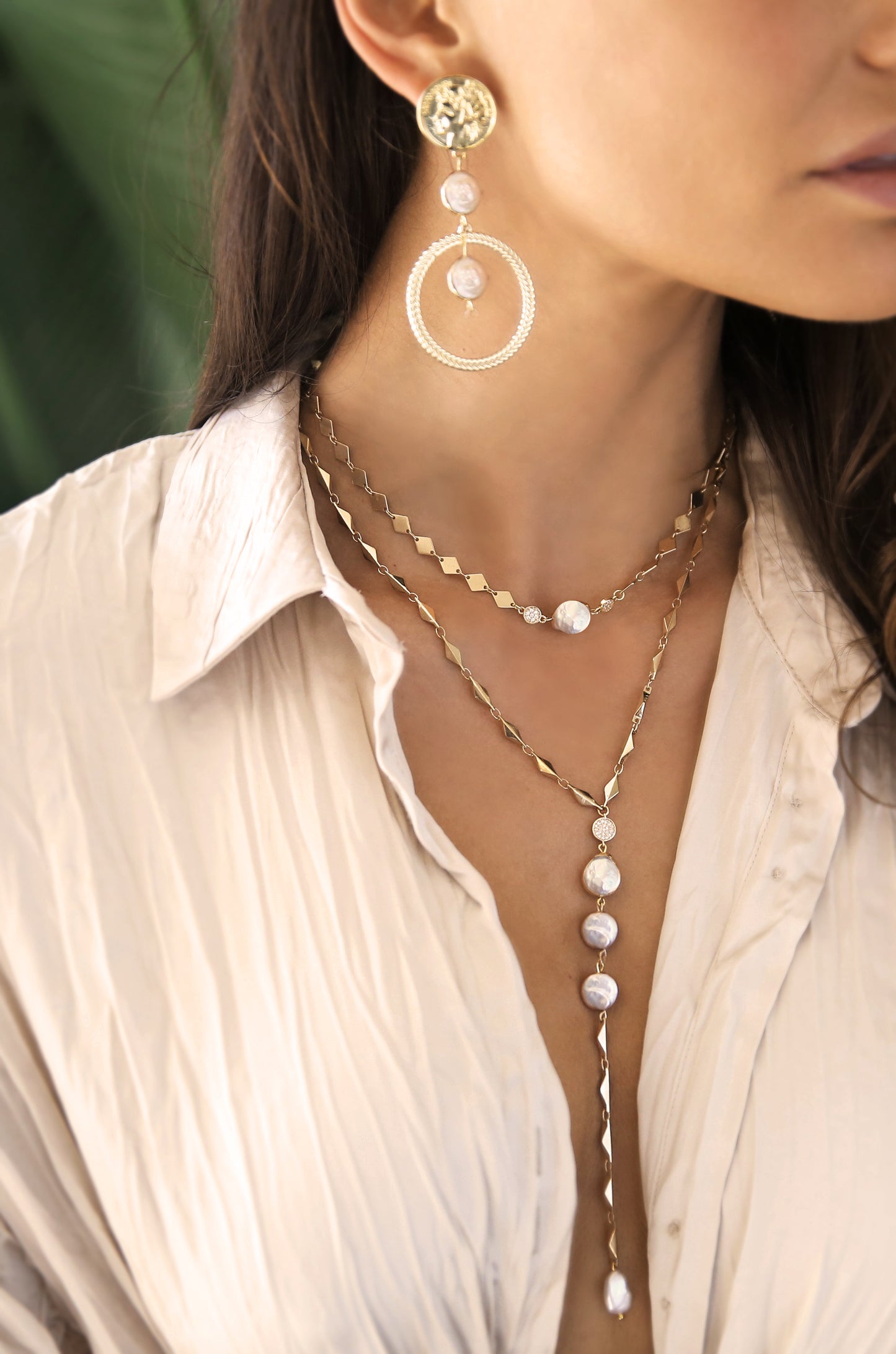 Your Majesty Coin & Freshwater Pearl Drop 18k Gold Plated Earrings shown on a model