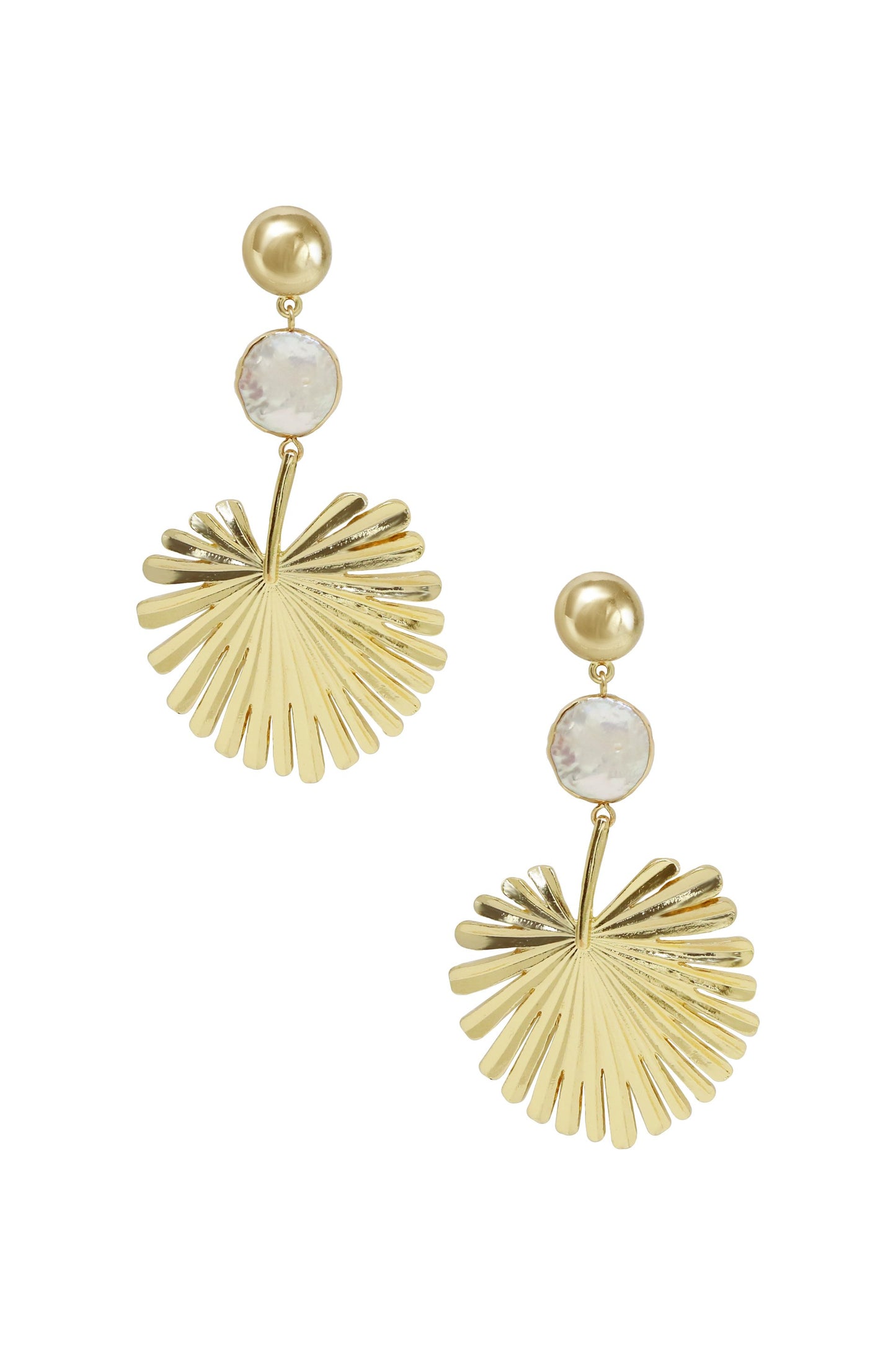 Palm Leaf Earring with Pearl in Gold on white background