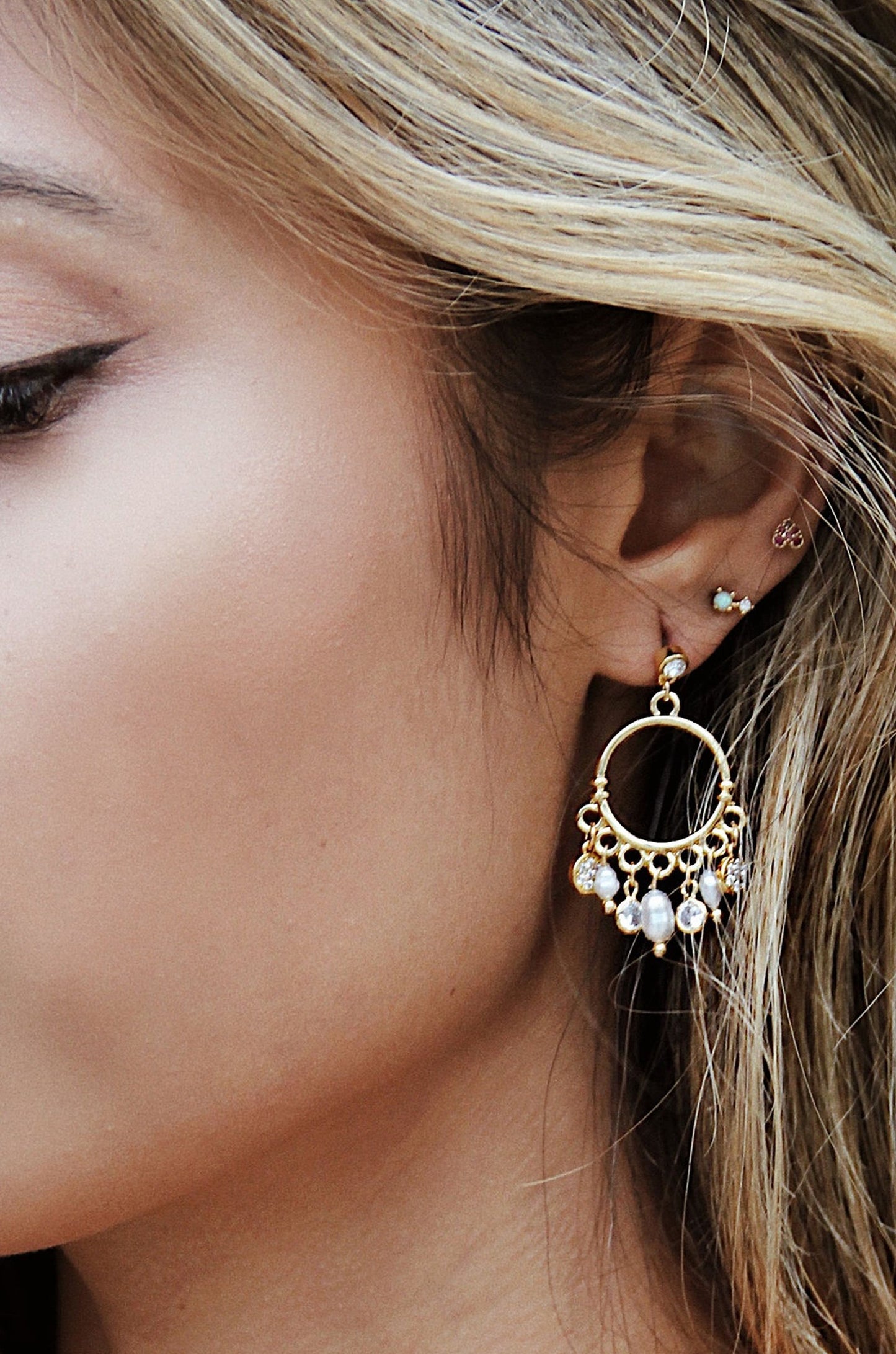 These Moments Pearl 18k Gold Plated Dangle Earring shown on a model