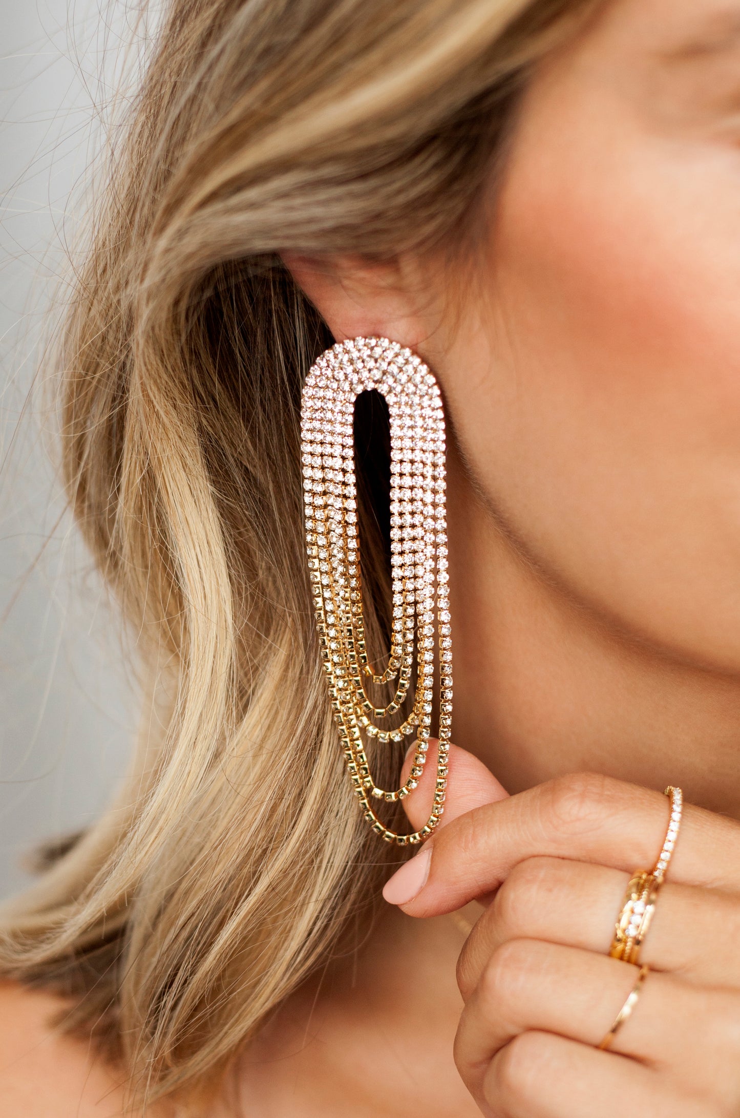Crystal Drape Fringe Earrings Clear Crystal with 18k Gold Plating model