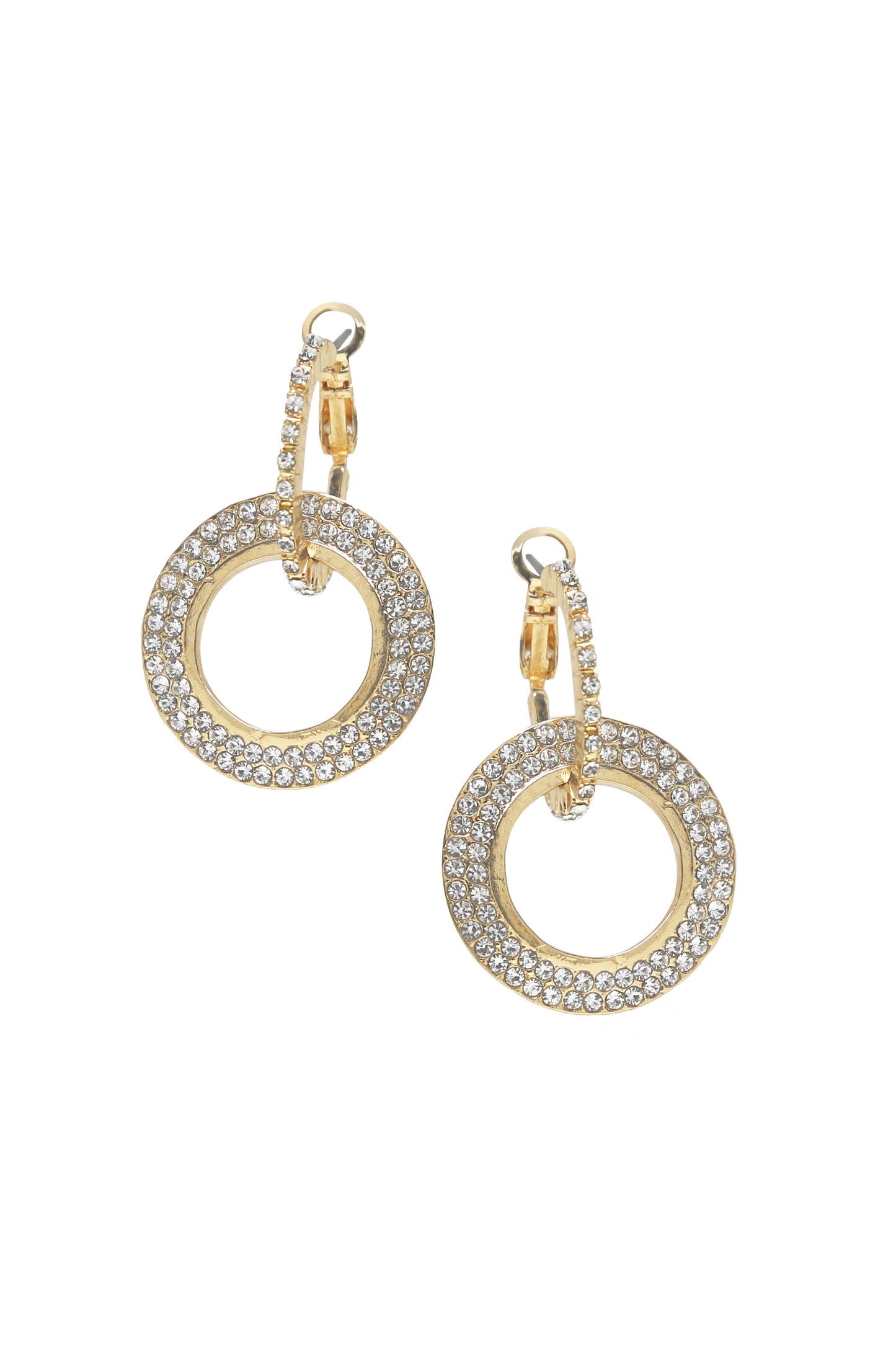 Double Drop Crystal 18k Gold Plated Hoop Earrings on white background