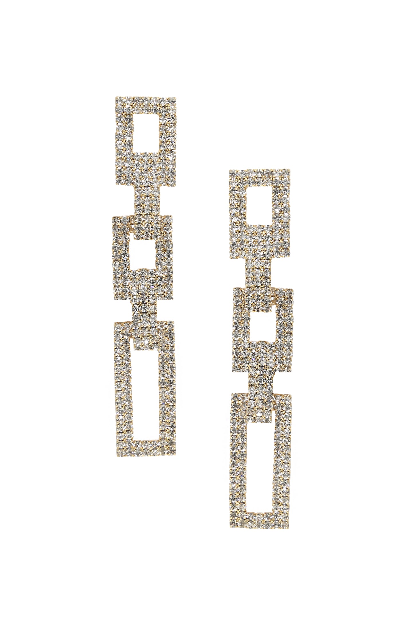 Crystal Rectangle Chain Link 18k Gold Plated Earrings on white background
