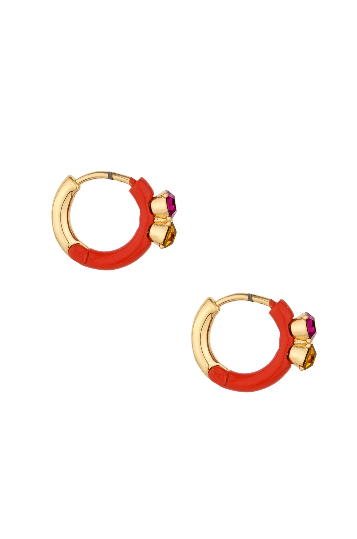 Party Time 18k Gold Plated, Resin, and Rhinestone Huggies on white- side