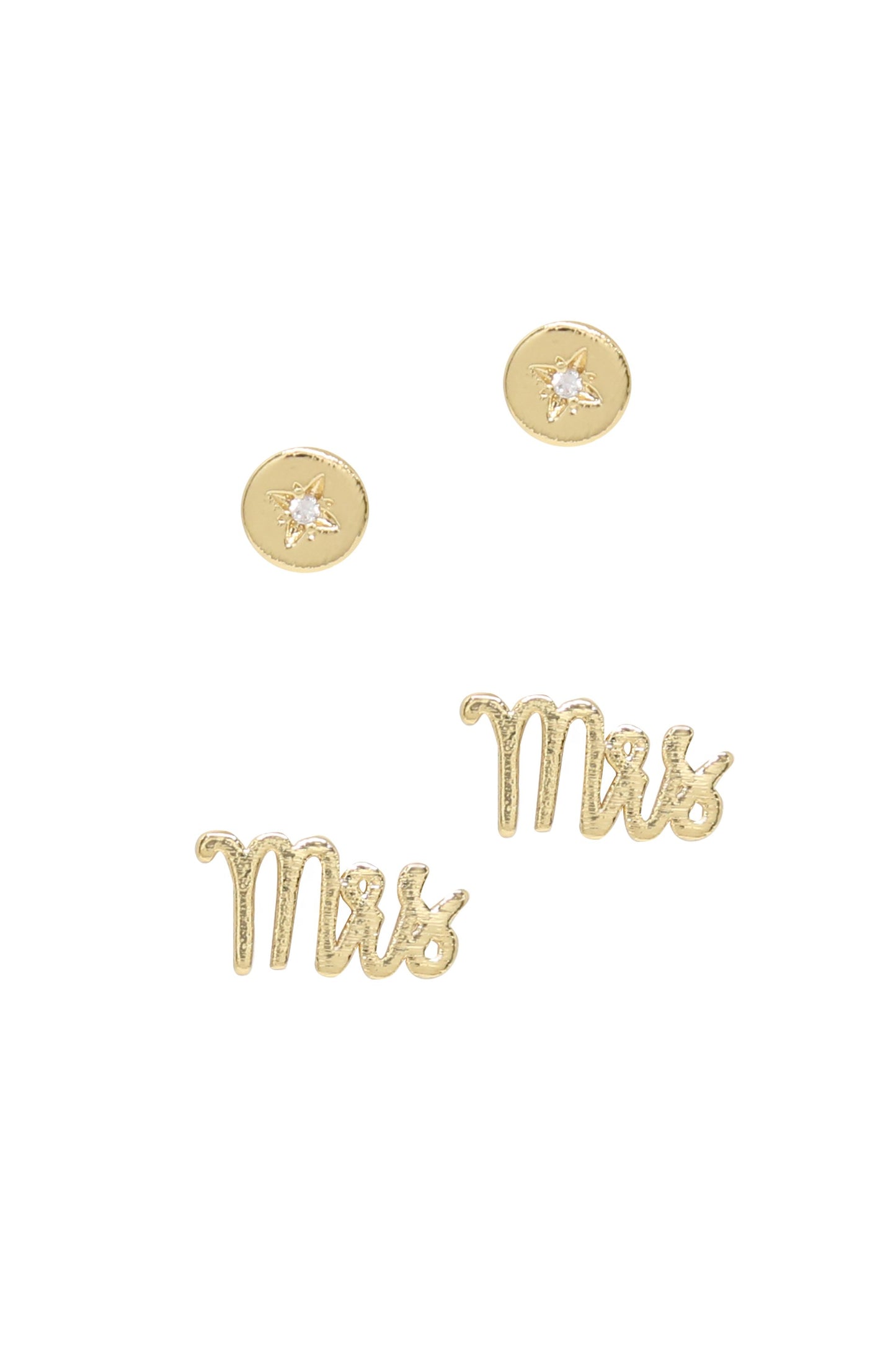 Mrs. 18k Gold Plated Earring Stud Set on white background